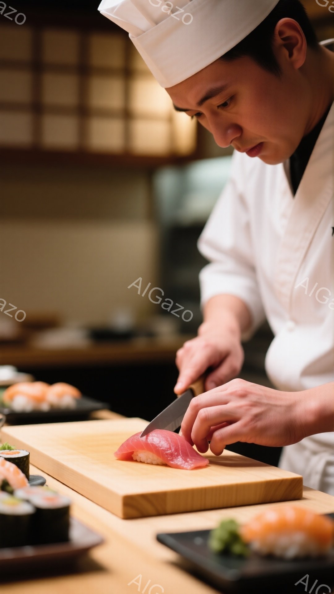 白いコック帽を被り、白いエプロンを身に着けた寿司職人が、赤いマグロを丁寧に切りつけています。彼の視線は集中しており、熟練した手つきで食材を扱っています。背景には、寿司が並んだ黒い皿と、木製のカウンター、そしてぼやけた暖色の照明が見え、落ち着いた雰囲気の寿司店であることが伺えます。