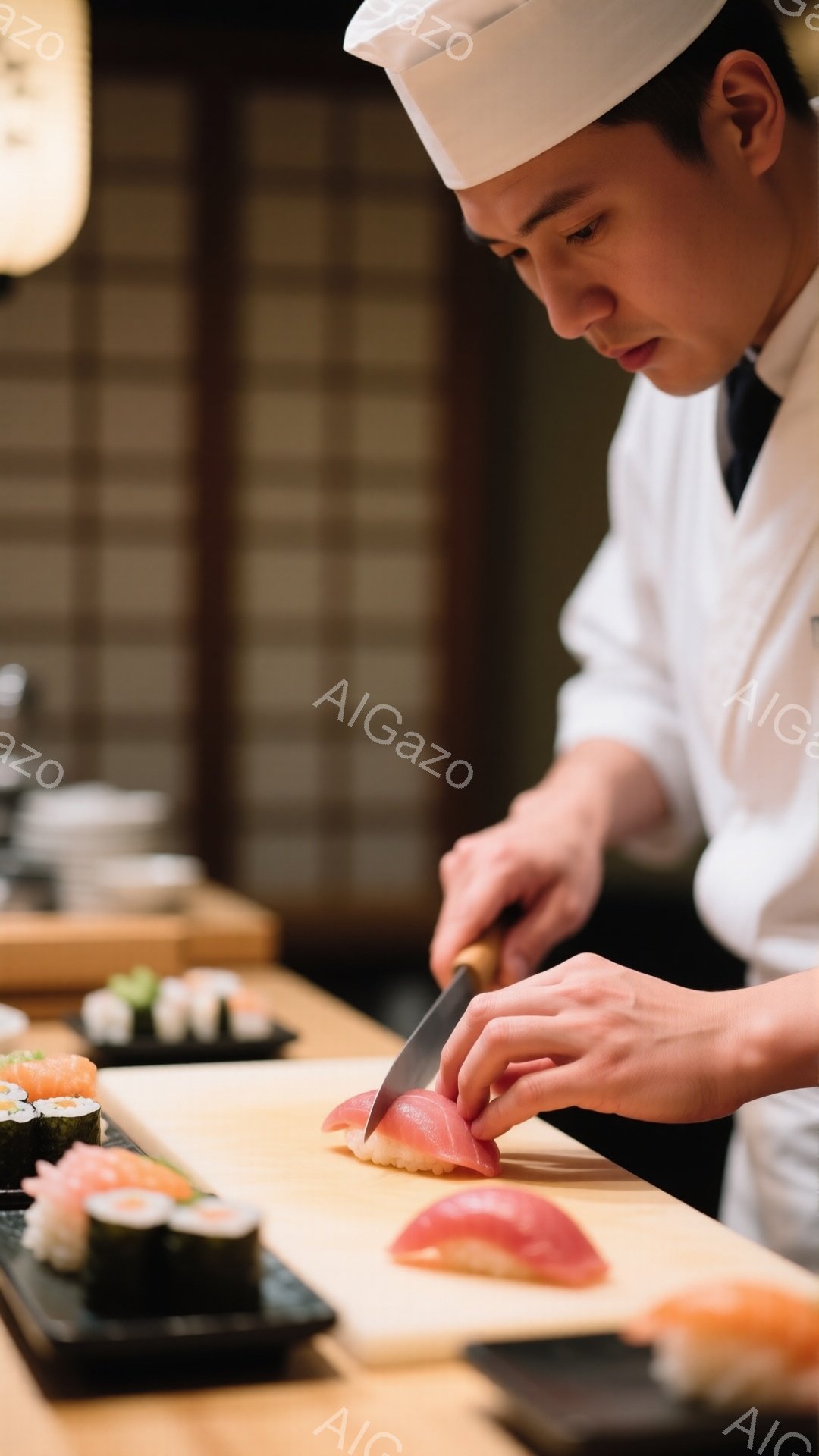 白いコック帽と白衣を身につけた寿司職人が、真剣な表情で赤いマグロの切り身を包丁で丁寧に切り分けている。木製の寿司台の上には、様々な種類の握り寿司が並べられ、職人の手元を照らす温かい光が、料理への情熱と職人技を強調している。背景にはぼんやりと厨房の様子が見え、全体的に落ち着いた雰囲気で、本格的な寿司店のカウンターでのお仕事風景が伝わってくる。
