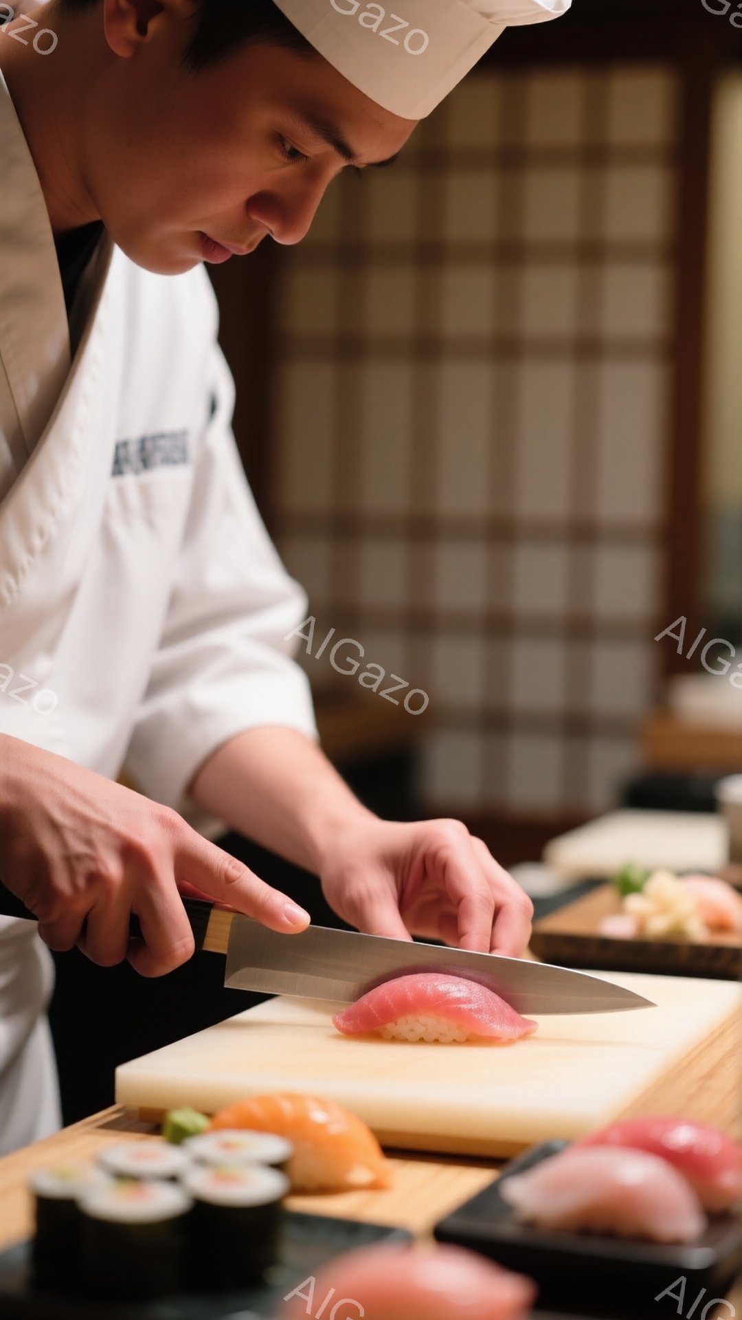 白いコックコートと帽子を着用した男性が、まな板の上で赤い魚の切り身を包丁で丁寧に切り分けている様子が写っている。背景には、いくつかの握り寿司が並べられた黒い皿と、ぼやけた木製の壁が見え、寿司職人の熟練した技と静寂な空間が感じられる。全体的に落ち着いた色調で、寿司作りに集中する職人の姿が印象的である。