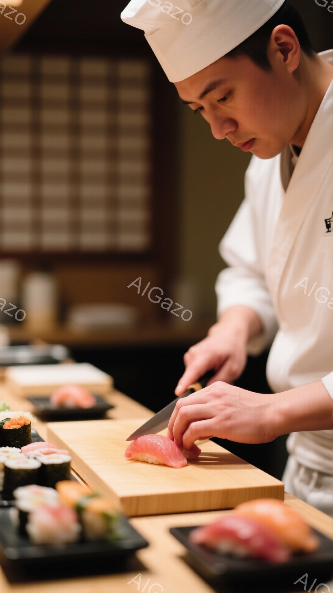 白いコックハットと白い着物を身につけた寿司職人が、木製のまな板の上で魚を切っています。真剣な表情で、手つきは非常に丁寧で、職人技が伝わってきます。背景には、様々な種類の寿司が盛り付けられた黒い皿が並び、落ち着いた雰囲気の寿司店であることがわかります。