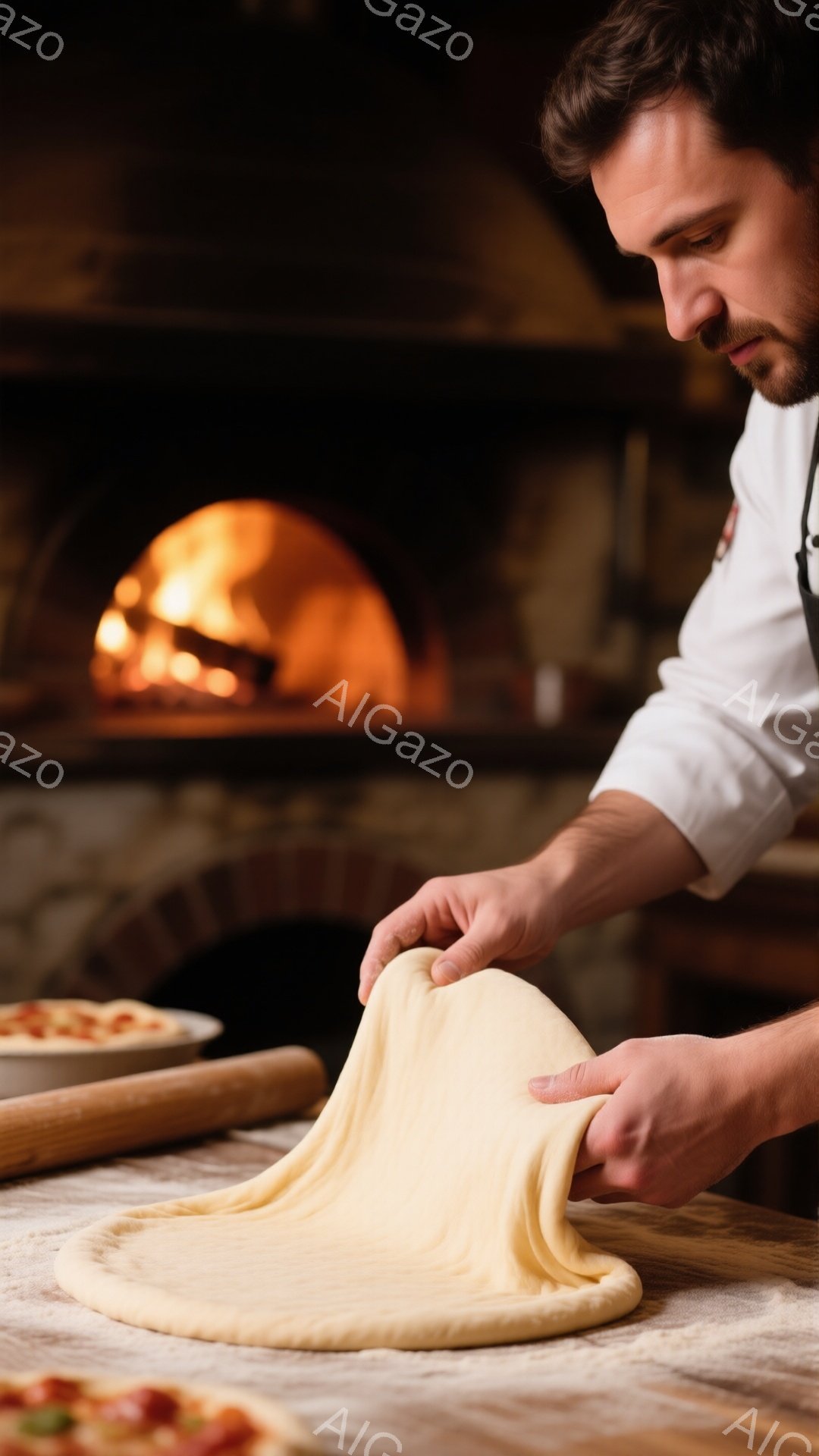髭を生やした男性が、小麦粉を練ってピザ生地を伸ばしている様子が捉えられています。白いコックコートを着用し、集中した表情で生地を扱い、熟練した職人の技が感じられます。背景にはレンガ造りの窯があり、暖かく本格的な雰囲気の中でピザ作りに励んでいる様子が伺えます。