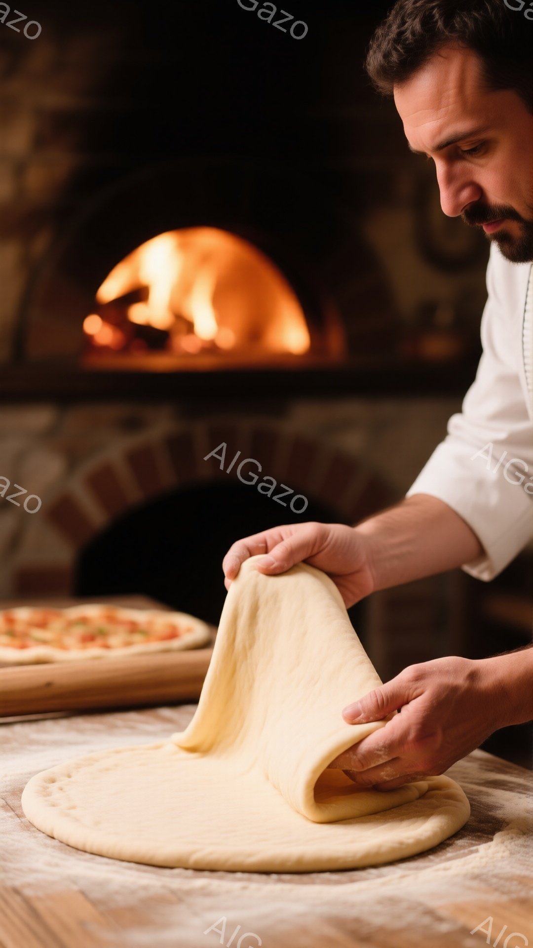 白いコックコートを着た男性が、木のテーブルの上でピザ生地を伸ばしている様子が写っている。彼は短く刈り込まれた髭と髪を持ち、真剣な表情で生地を両手で丁寧に扱う。背景にはレンガ造りの窯があり、暖かく活気のある雰囲気を作り出している。