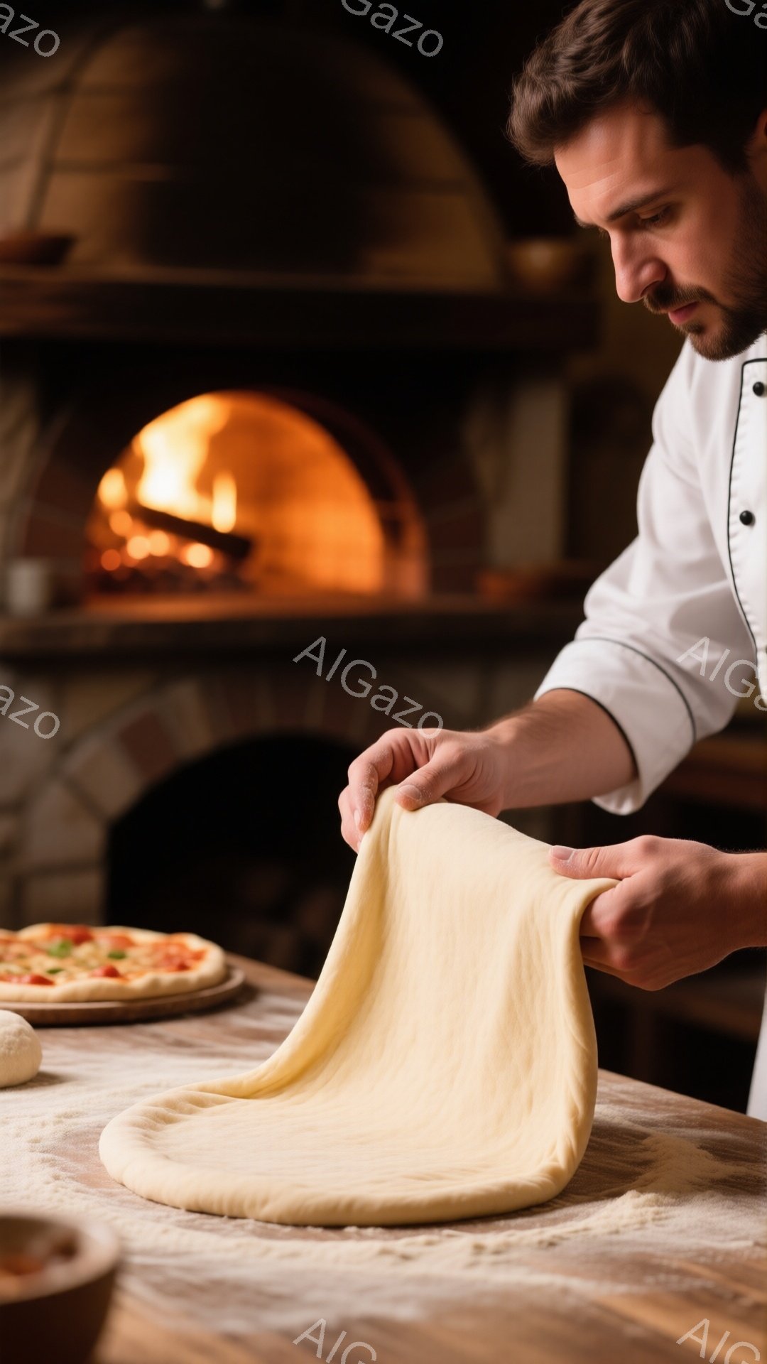 白いコックコートを着た男性が、木製のテーブルの上でピザ生地を伸ばしている。彼は濃い眉と口髭を生やしており、集中した表情で生地を扱っている。背景にはレンガ造りの窯があり、暖かく活気のある雰囲気を作り出している。