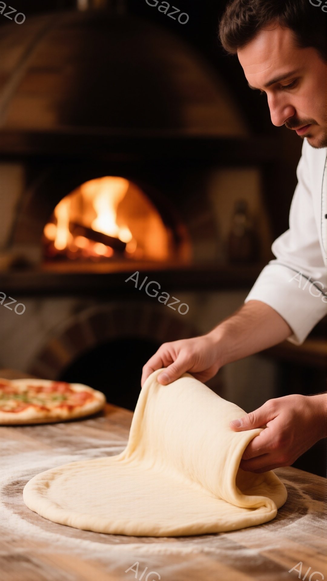 白いコックコートを着た男性が、小麦粉を練ってピザ生地を伸ばしている様子が写っている。彼は短く整髪された髪を持ち、集中した表情で生地を操り、熟練した職人技が感じられる。背景にはレンガ造りの窯があり、暖かな光が照らし出し、本格的なピザ作りの雰囲気を醸し出している。