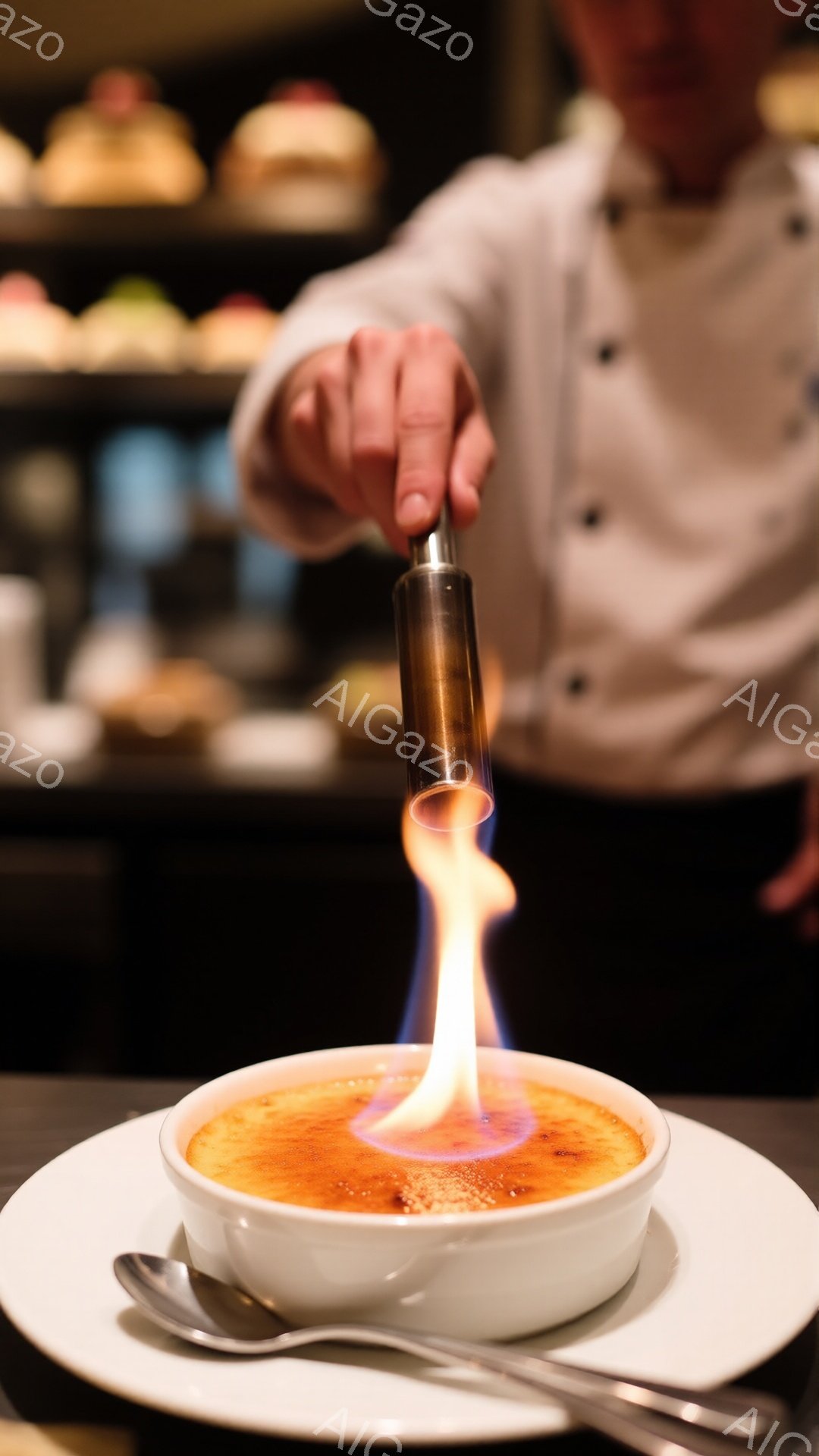 白いコックコートを着た人が、クリームブリュレの表面にバーナーでカラメル化された砂糖を焼き付けている様子が写っている。ブリュレは白い陶器の器に盛り付けられ、銀色のスプーンが添えられている。背景には、ぼやけたショーケースとデザートが見え、温かみのある、洗練された雰囲気が漂っている。
