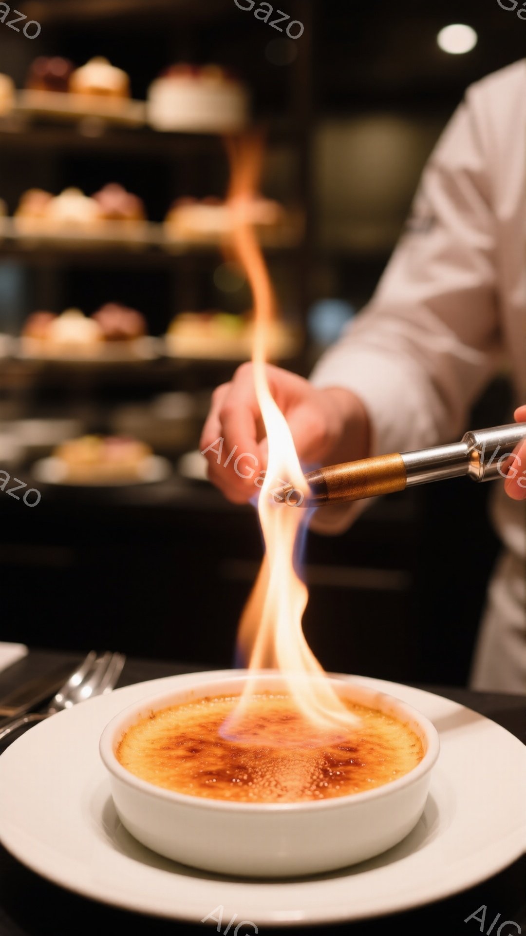 白い器に入ったクレームブリュレがバーナーでキャラメリゼされている様子が写っている。調理人は白い制服を着ており、焦点が合っていないため顔は見えないが、丁寧な仕草で調理に集中していることが窺える。背景にはぼやけたショーケースがあり、様々なデザートが並んでいることから、レストランやカフェのような場所であることがわかる。