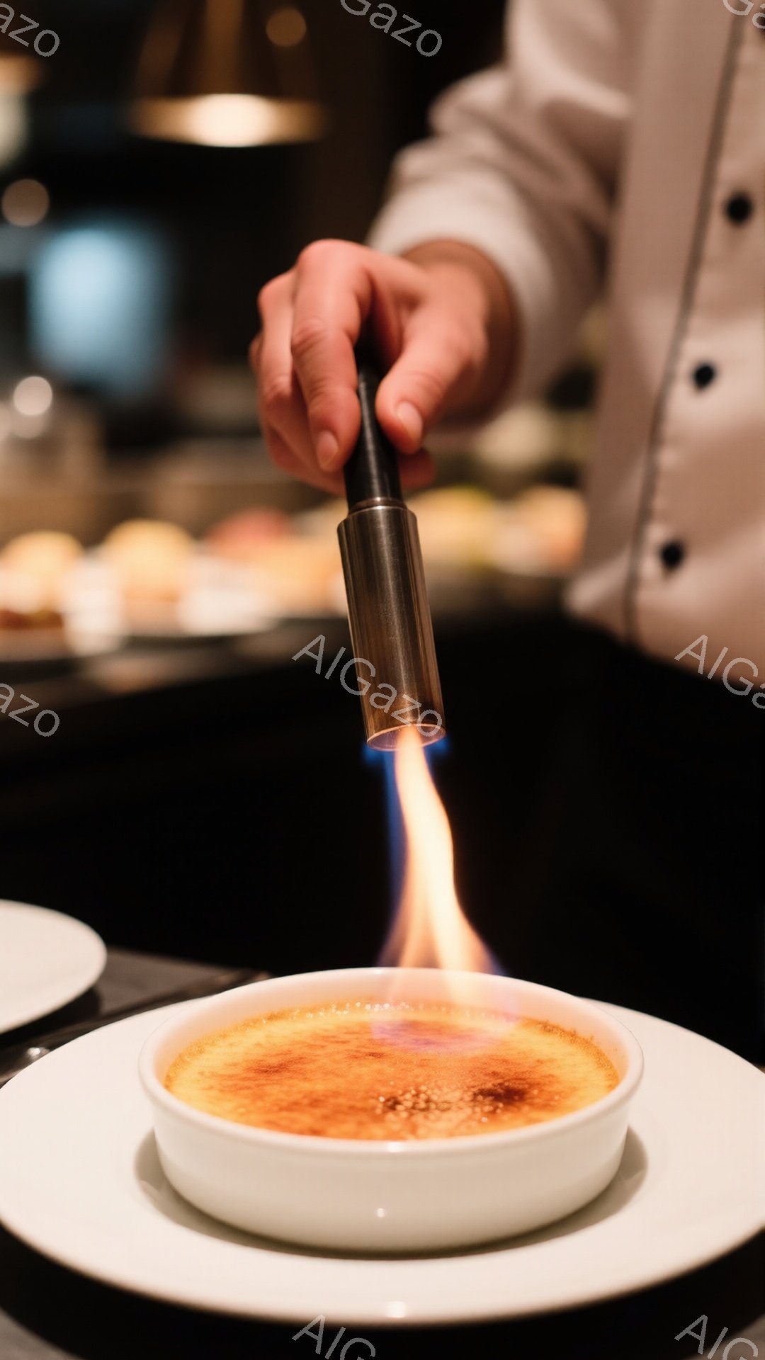 白い陶器のクレームブリュレが白い円盤状の皿に載せられ、金属製のバーナーから炎が当たっている様子が写っている。調理師は白い制服を着ており、腕だけが映っているが、丁寧な作業をしている様子が窺える。背景はぼ - AI生成フリー素材