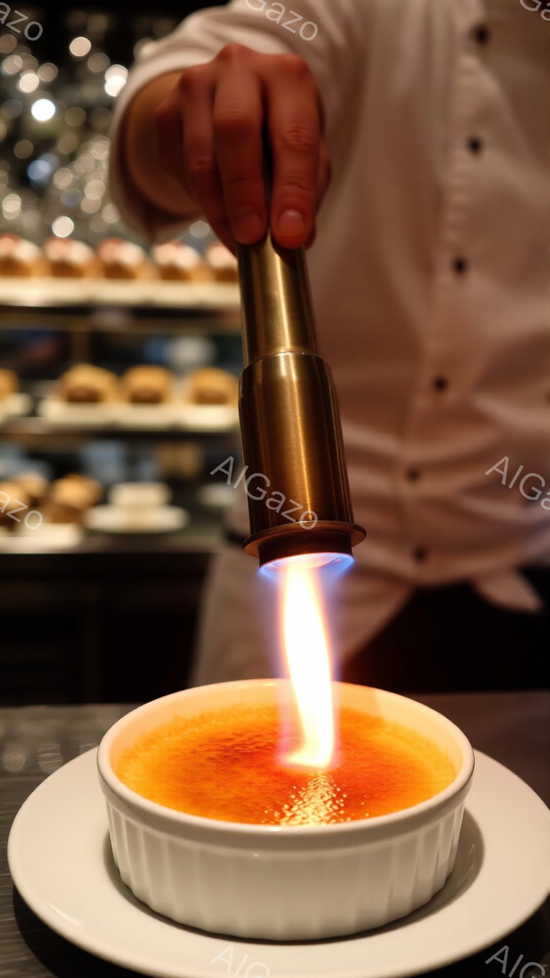 白い陶器のクレームブリュレが灰色の皿の上に置かれ、炎がその表面を照らしている。背景には、シェフが白い制服を着て、ブリュレにバーナーを当てている様子が見える。全体的に暖かく、食欲をそそる雰囲気で、レストランの厨房かデザートカウンターの様子を捉えている。