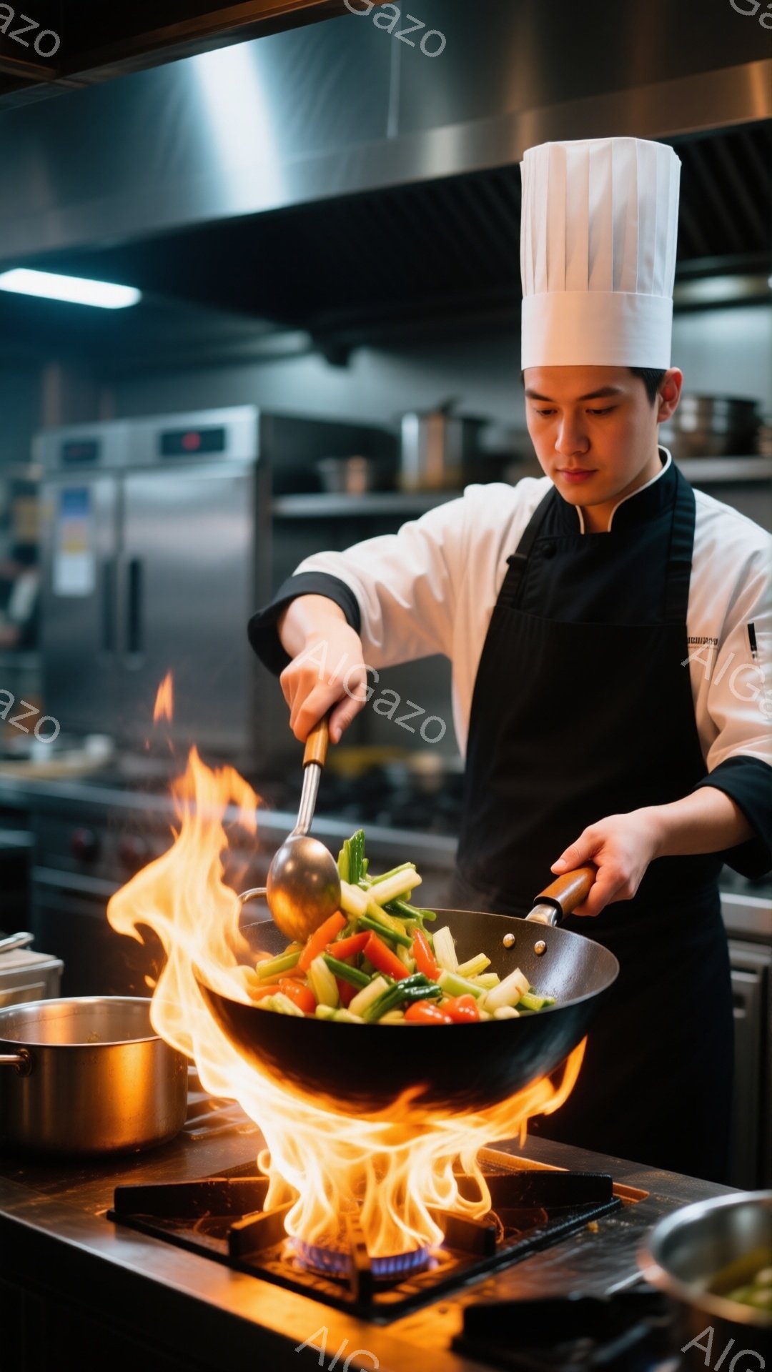プロの料理人が調理場で炎を上げて野菜を炒めています。彼は白いコック帽と黒いエプロンを着用し、真剣な表情でフライパンを操作しています。背景には調理器具が並び、プロフェッショナルな厨房の雰囲気が漂っていま - AI生成フリー素材