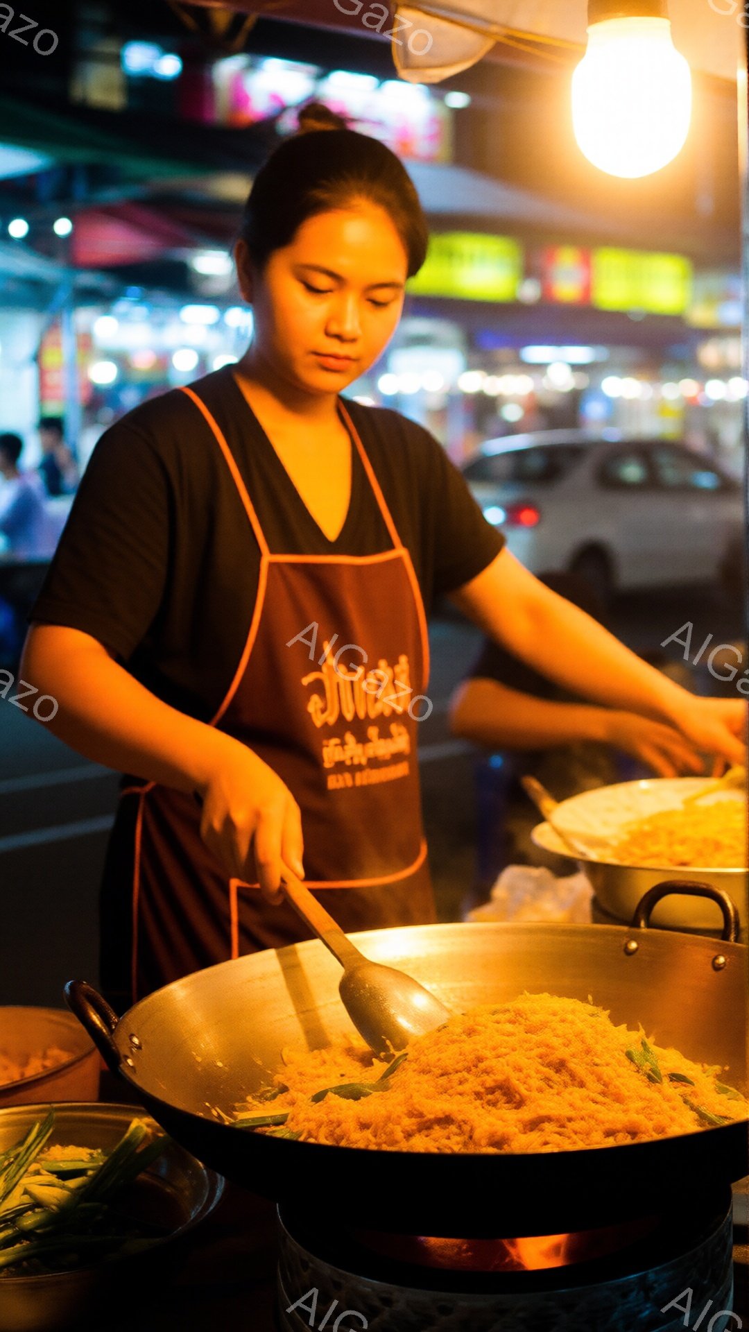 屋台で調理をしている女性が写っている。黒いTシャツにエプロンをつけ、髪を後ろで束ねている。彼女は大きなフライパンで何かを炒めており、真剣な表情で調理に集中している。