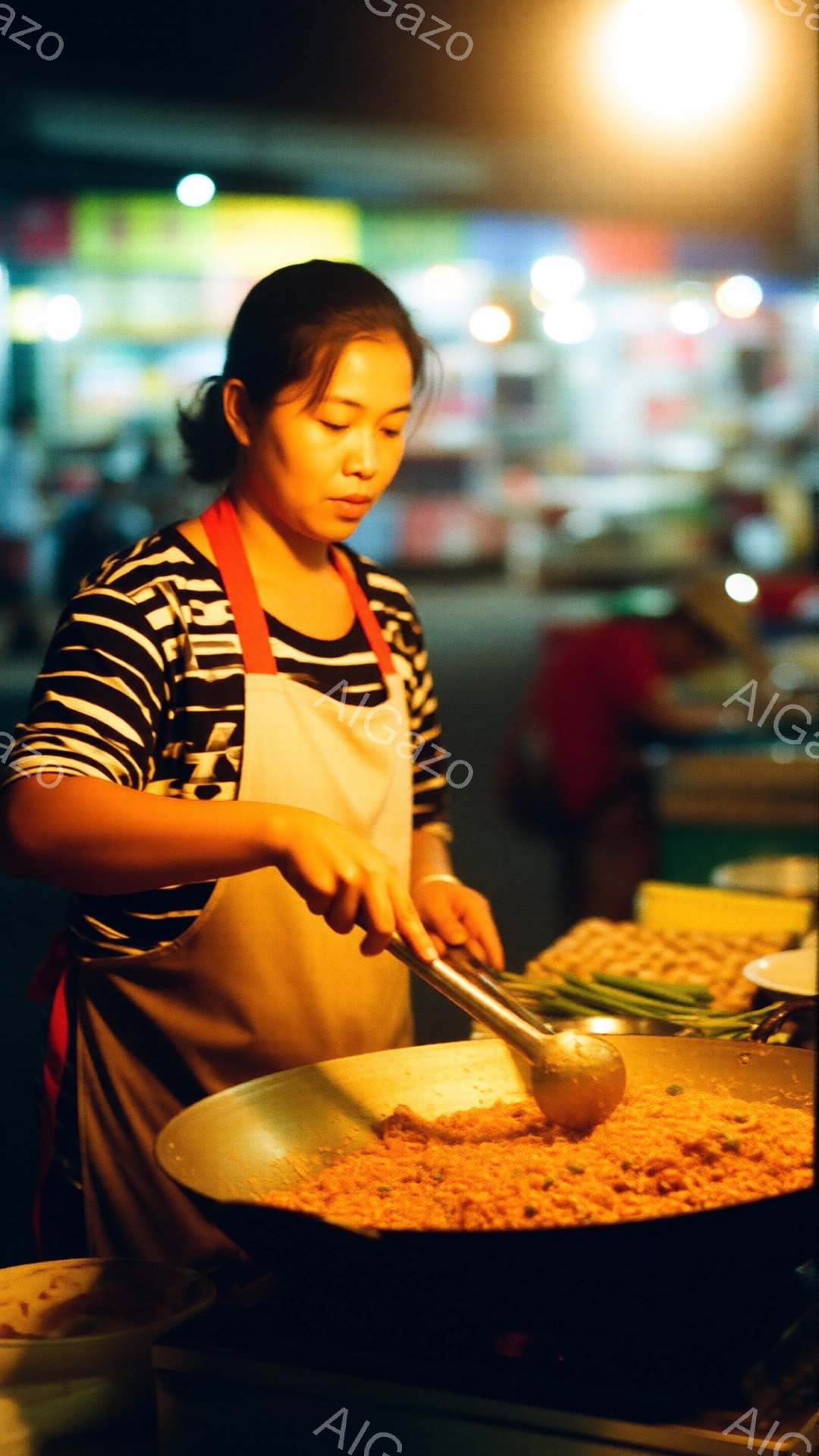 屋台で女性が調理をしている写真です。彼女は縞模様のシャツに白いエプロンを着用し、黒髪を後ろで束ねています。真剣な表情で大きな鍋の中身をヘラで混ぜており、背景には様々な食材やぼやけた光が確認できます。