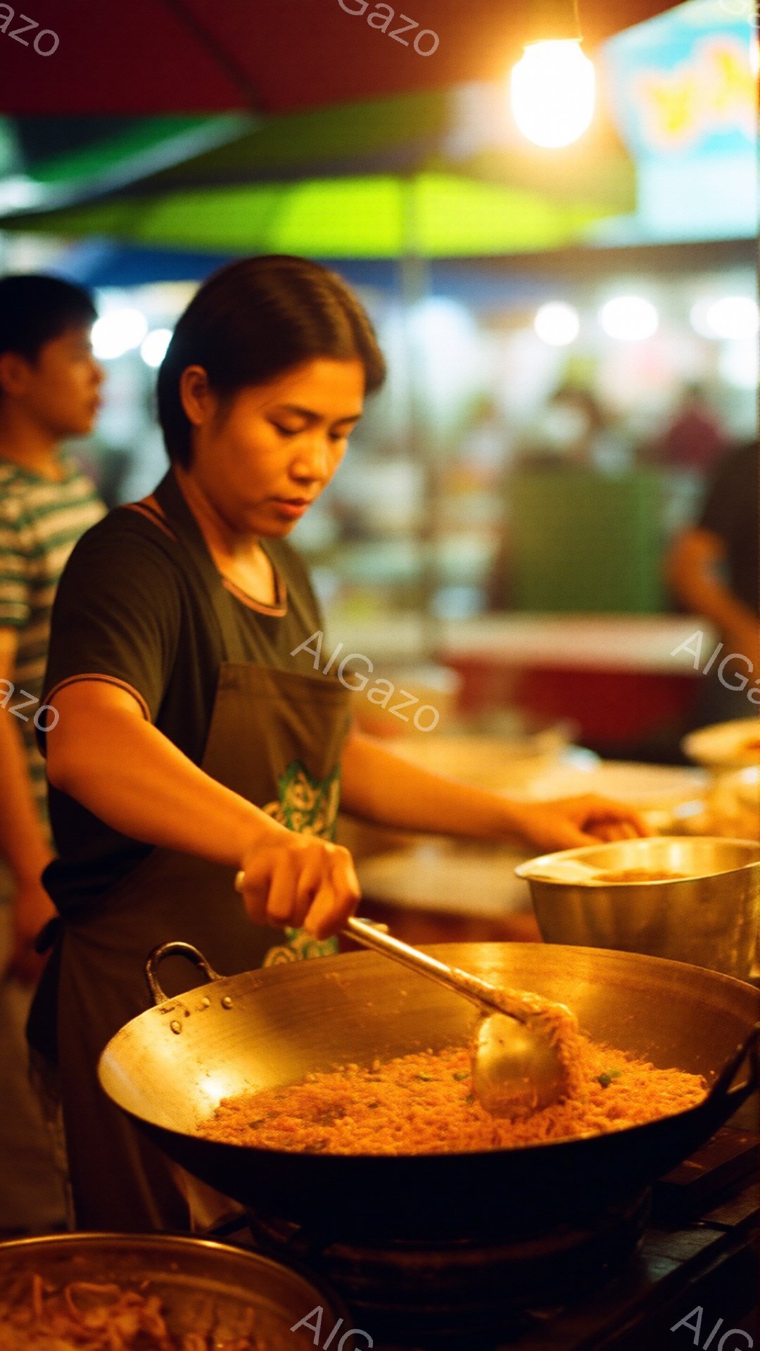 屋台で女性が大きなフライパンを使って何かを調理している様子が写っている。彼女は緑色のTシャツとエプロンを着用し、髪を後ろにまとめている。背景は薄暗く、他の調理器具や人々がぼやけて写っており、活気のある屋台の雰囲気が伝わってくる。