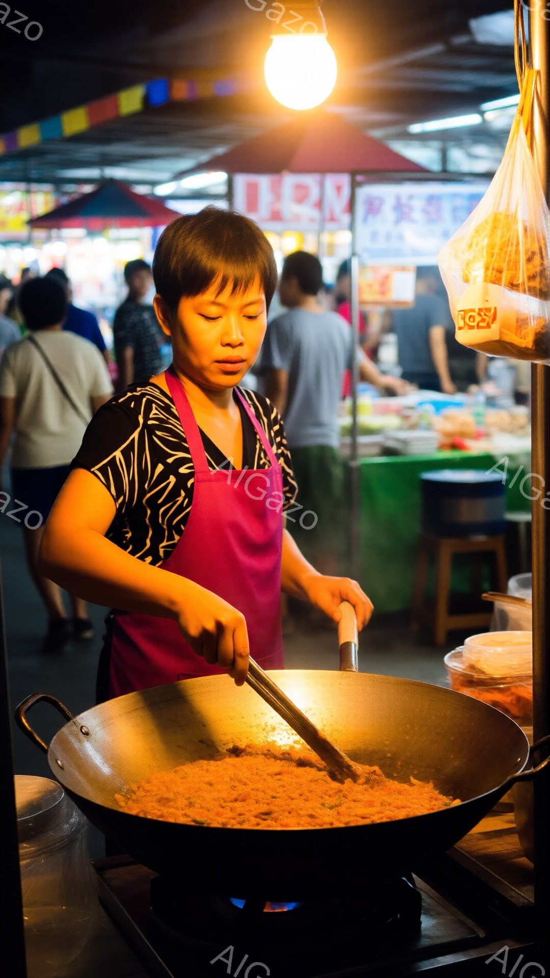 ピンク色のエプロンを身につけた女性が、大きなフライパンを調理している様子が写っている。彼女は黒い短髪で、真剣な表情でフライパンの中身をヘラでかき混ぜている。背景には、他の人々や屋台がぼんやりと見え、活気のある屋台の雰囲気が伝わる。