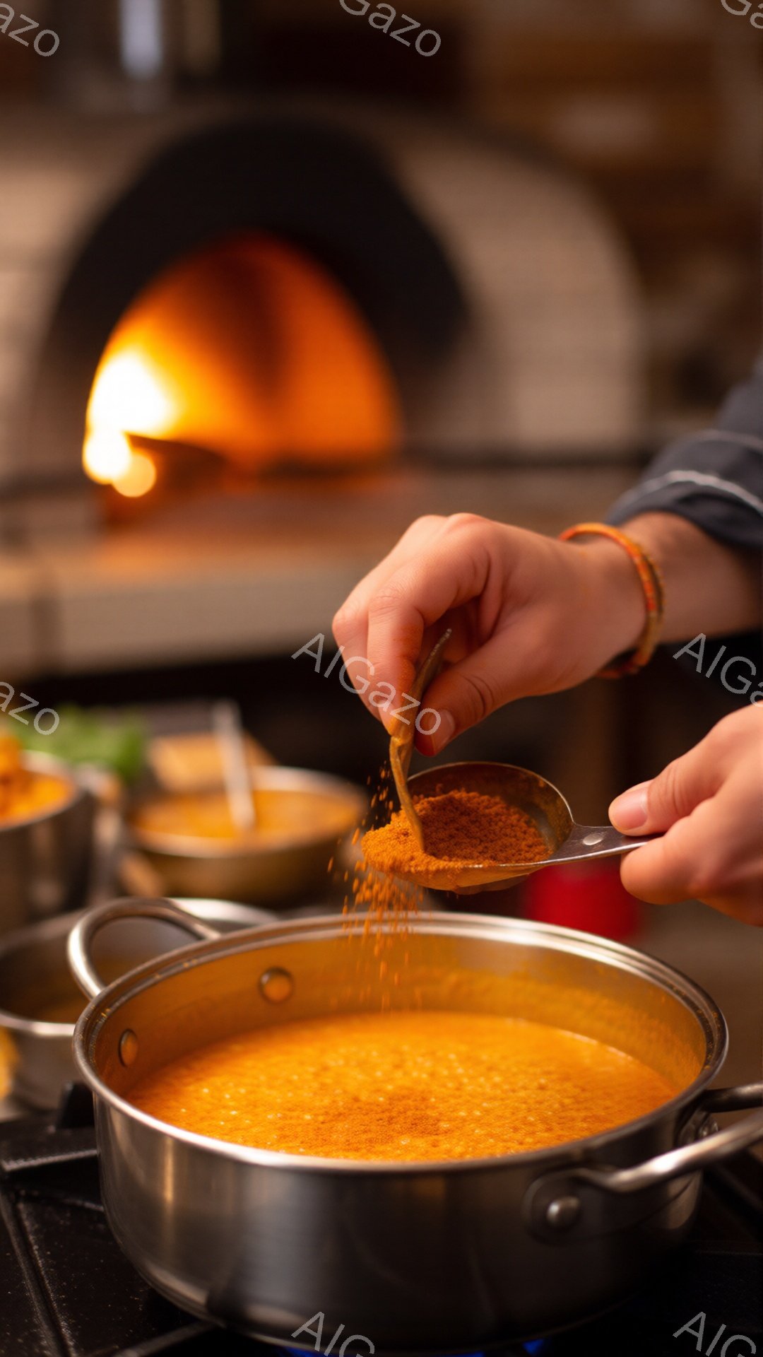 ステンレス製の鍋にオレンジ色の液体が煮込まれており、その上にスパイスが振りかけられています。手にはブルーのシャツを着た人物がおり、木製のスプーンでスパイスを鍋に振りかける動作をしています。背景にはレンガ造りの窯があり、暖かく、食欲をそそる雰囲気が漂っています。