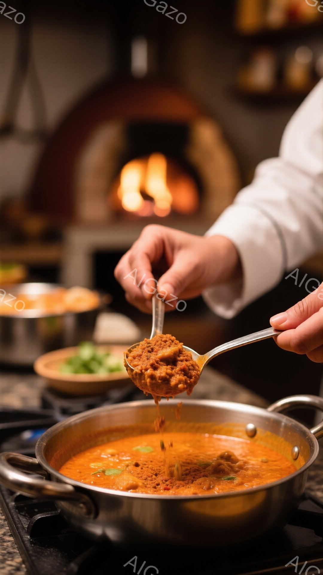 ステンレス製の鍋にオレンジ色のソースが煮込まれており、その上にスプーンで赤いソースがかけられている様子が写っている。シェフは白い制服を着ており、調理に集中している様子が伺える。背景にはレンガ造りの窯と - AI生成フリー素材