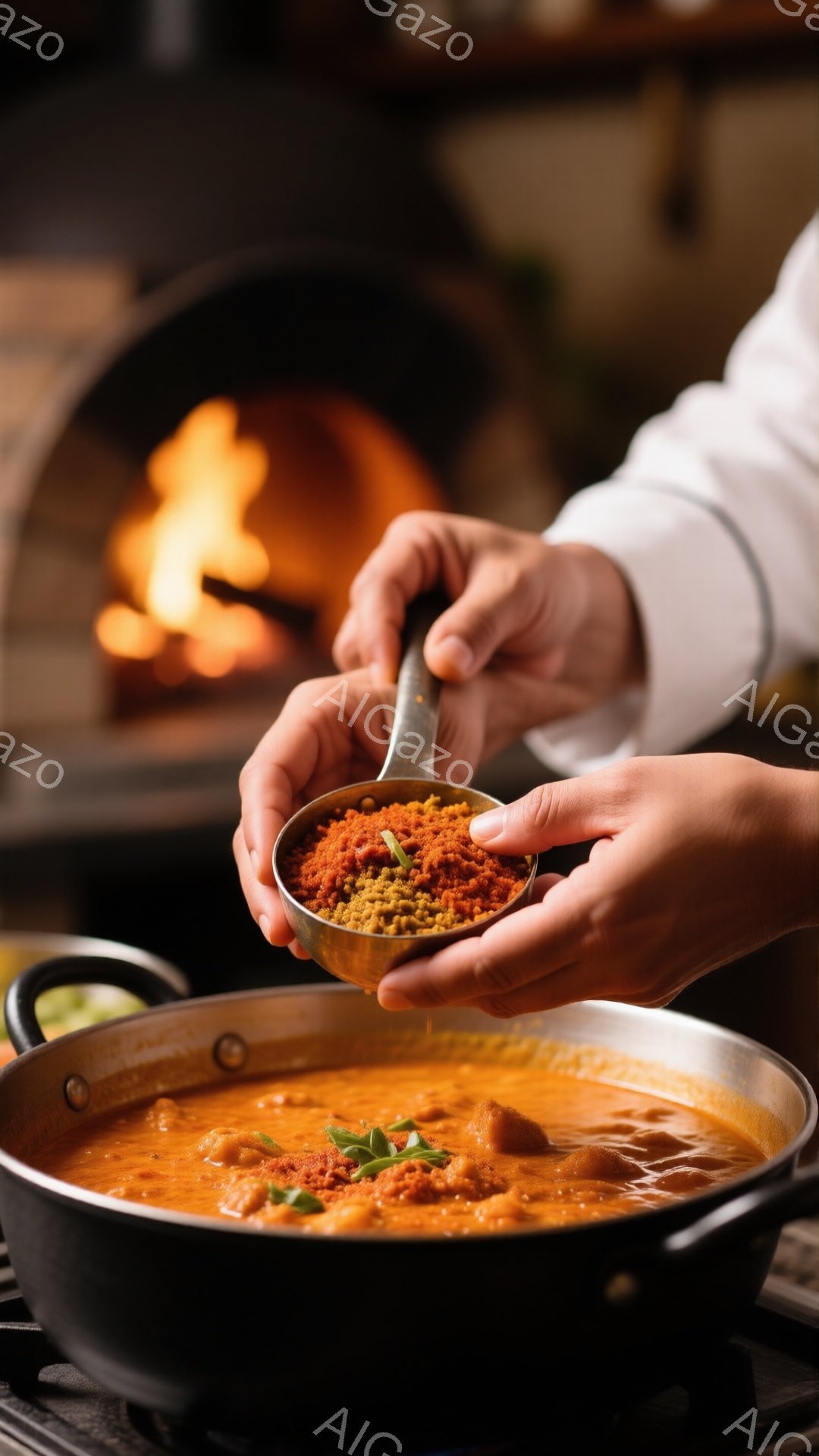鍋の上に、スパイスを混ぜたものが盛られた銀色のスプーンが空中に浮かんでいます。調理人は白い制服を着ており、調理に集中している様子が伺えます。背景には暖炉があり、調理場の温かく親密な雰囲気を醸し出しています。