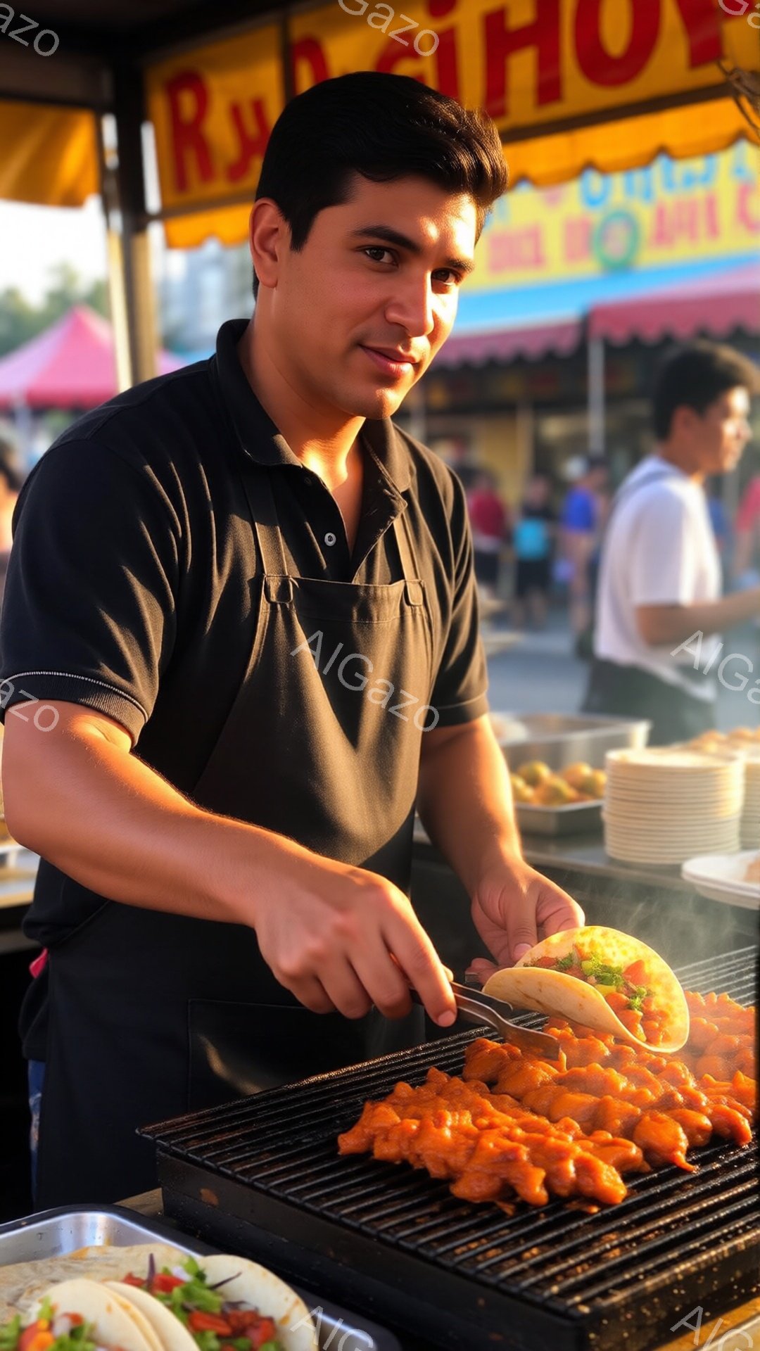 黒いエプロンを着た男性が、屋台で調理をしている様子が写っている。彼は黒いポロシャツを着ており、短く整えられた髪と穏やかな表情をしている。背景には他の人々や建物が見え、屋台の賑わいと夕暮れ時の柔らかな光が感じられる。