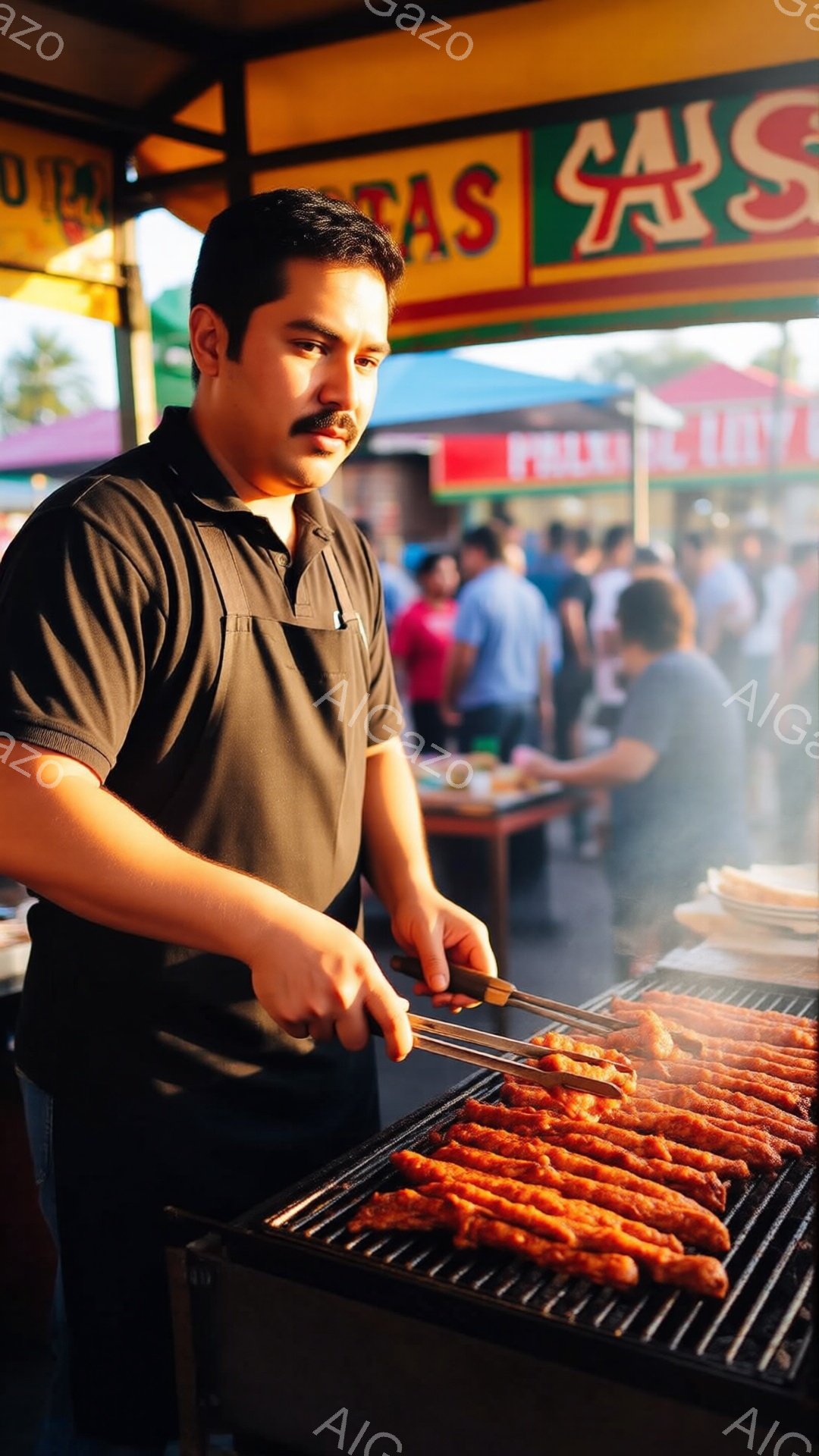濃い眉と口髭を生やした男性が、炭火で肉を焼いている様子が写っている。黒いポロシャツを着ており、真剣な表情で肉をひっくり返す仕草をしている。背景には、人々が賑やかに動き回る屋台や建物が見え、屋外の活気あ - AI生成フリー素材