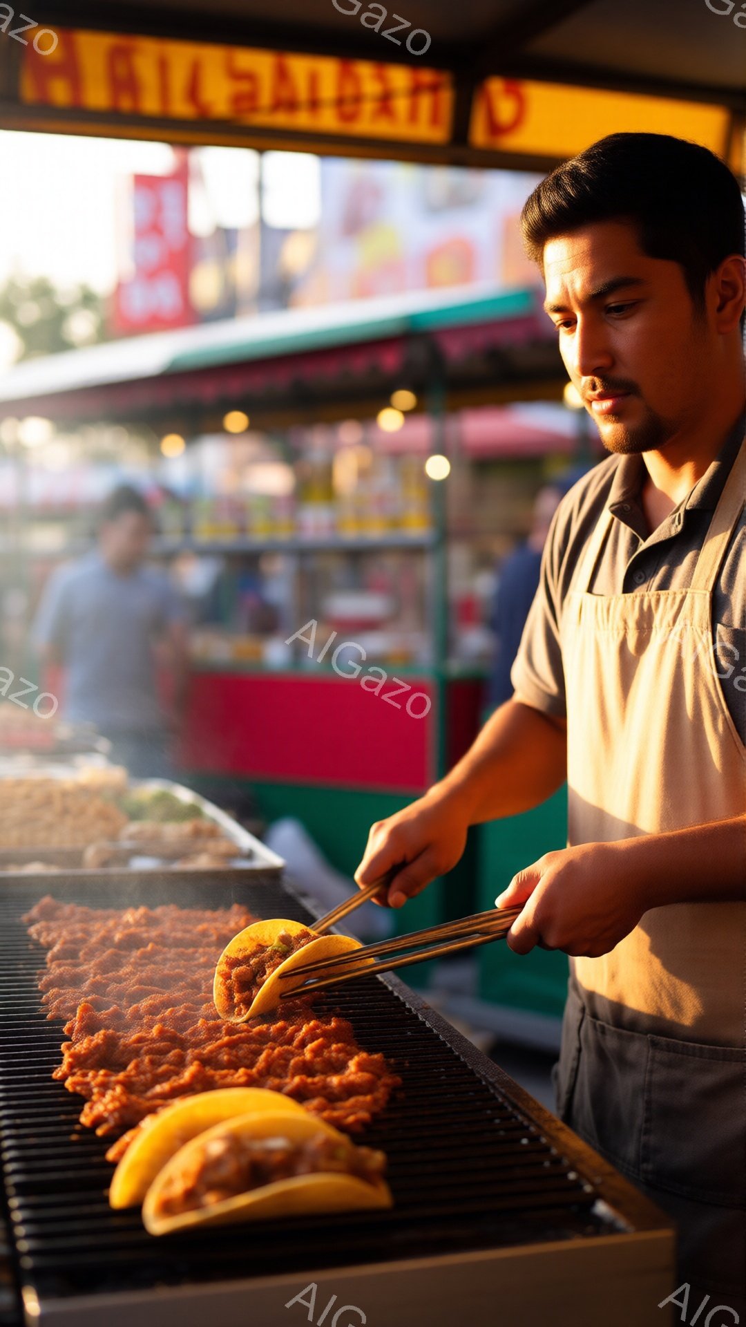 屋台で肉を焼いている男性が写っています。彼はベージュのシャツとエプロンを着ており、短髪で、真剣な表情で肉をトングで挟んでいます。背景には他の屋台やぼやけた人々が見え、屋外の賑やかな雰囲気を感じさせます - AI生成フリー素材