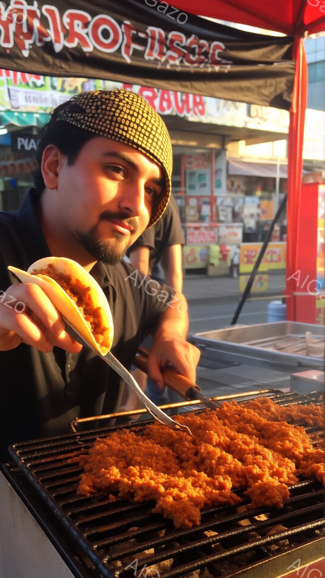 この男性は調理用の帽子を被り、笑顔で何かを焼いている様子が写っている。彼は金属製の網の上に広げられたオレンジ色の食材をフォークで扱い、熱いグリルで調理している。背景には、賑やかな市場のような場所で、色 - AI生成フリー素材