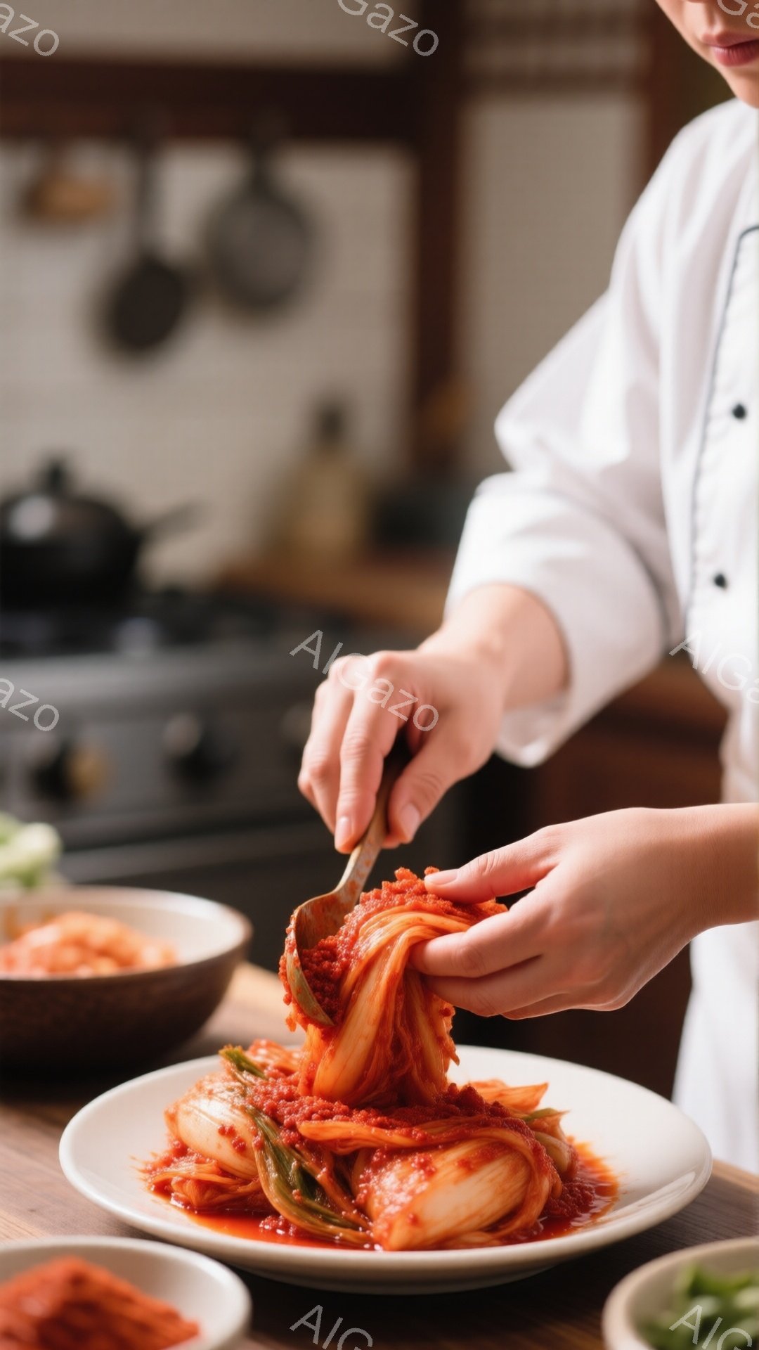 白いシャツを着た人物が、白皿に盛り付けられた赤いキムチを金属製のスプーンで盛り付けている様子が写っている。背景には、調理器具が掛けられた壁と黒い調理台が見え、暖かく家庭的な雰囲気が漂っている。キムチは鮮やかな赤色で、美味しそうに盛り付けられている。