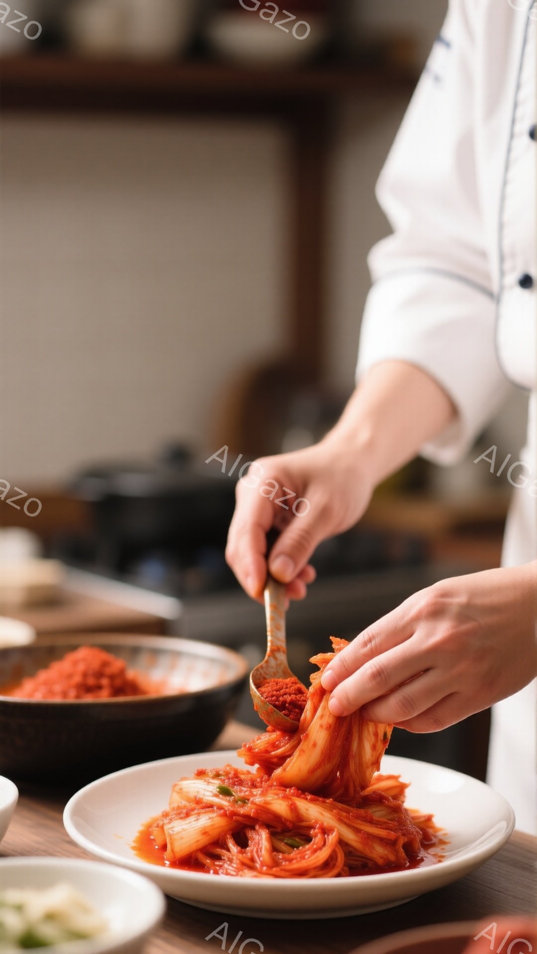 白いコックコートを着た人が、キムチを作っています。赤いキムチが盛られた白い皿に、スプーンでさらにキムチの調味料を加えています。背景には他の材料や調理器具が見え、家庭的な雰囲気のキッチンで調理をしている様子が伺えます。