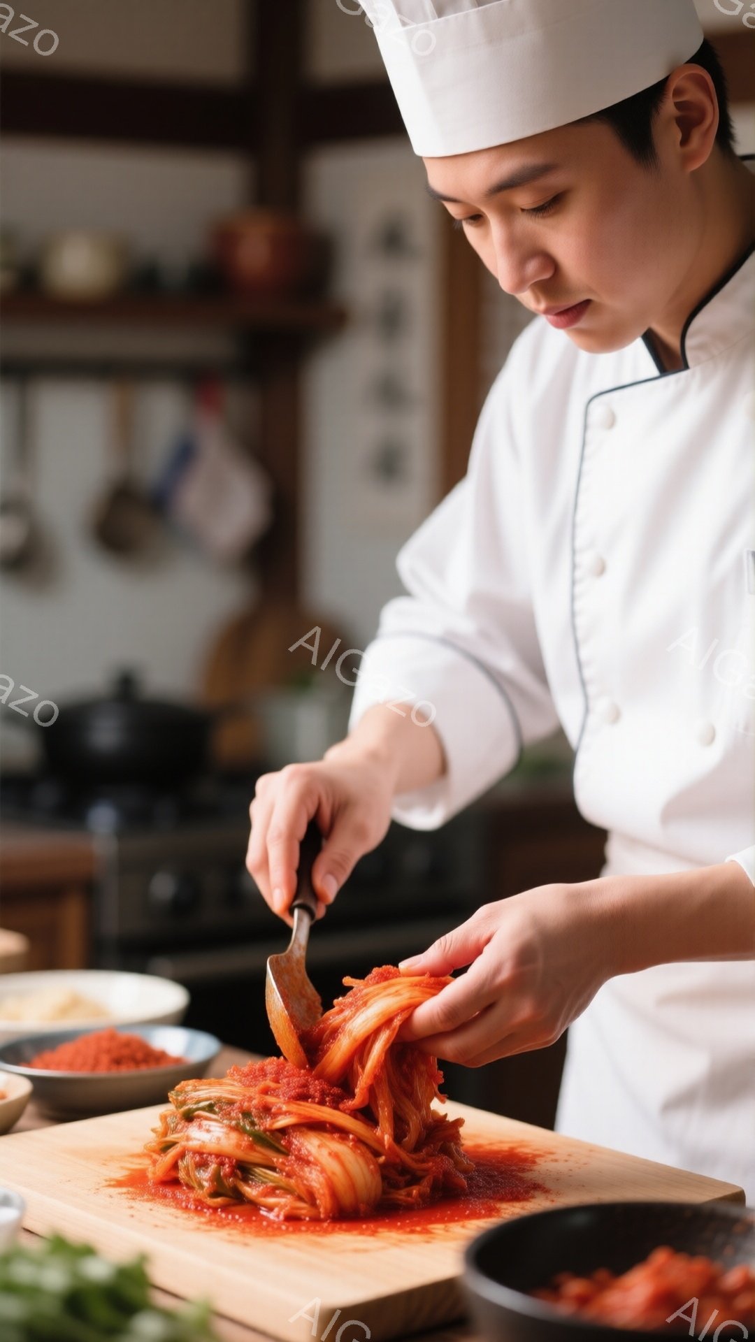 白いコック帽とコックコートを着た女性が、木のまな板の上でキムチを作っています。彼女は真剣な表情で、片手でキムチを抑え、もう片手でナイフを使って混ぜています。背景にはキッチン用品が見え、温かく家庭的な雰囲気が漂っています。