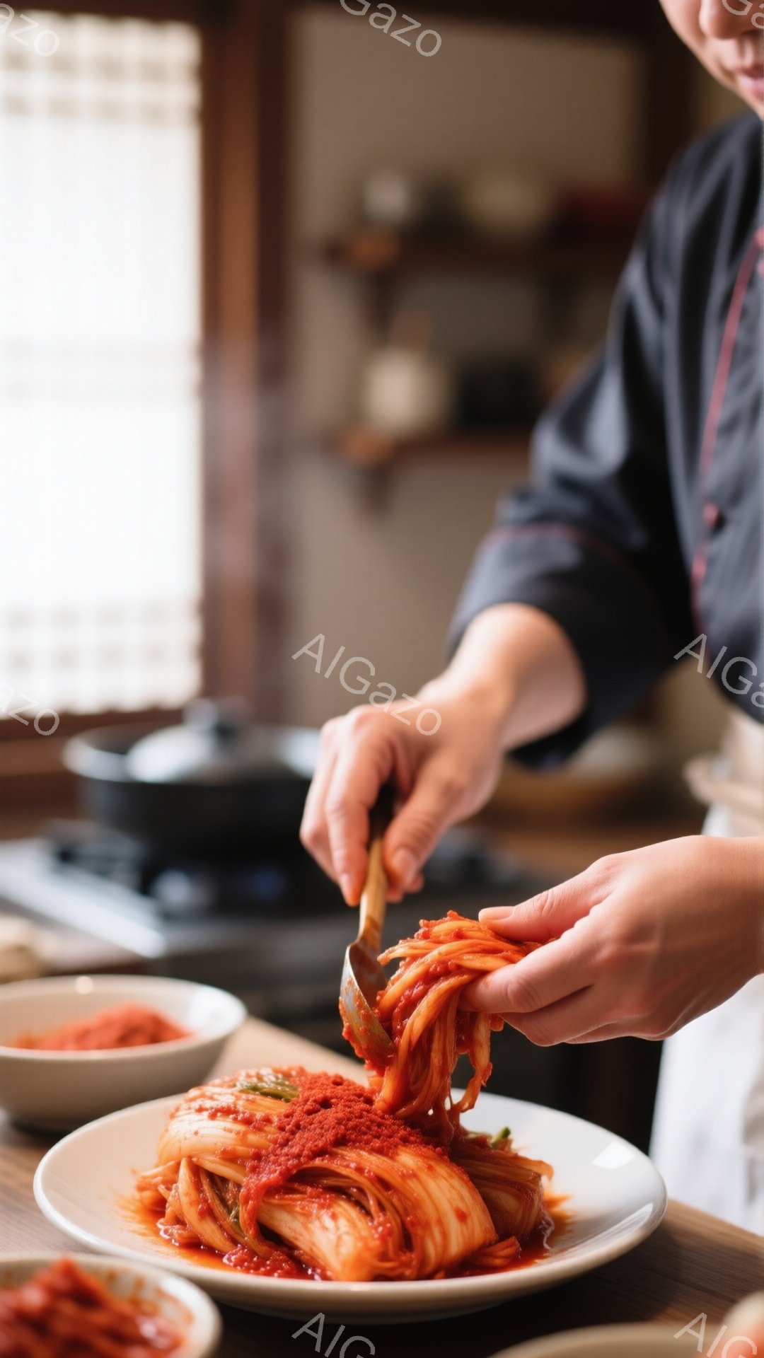 画像には、キムチを盛り付けている手が写っています。黒いシャツを着た人が、白いお皿にキムチをフォークとスプーンで丁寧に盛り付けています。背景には他のキムチの入った器や調理器具が見え、家庭的な温かい雰囲気を感じさせます。