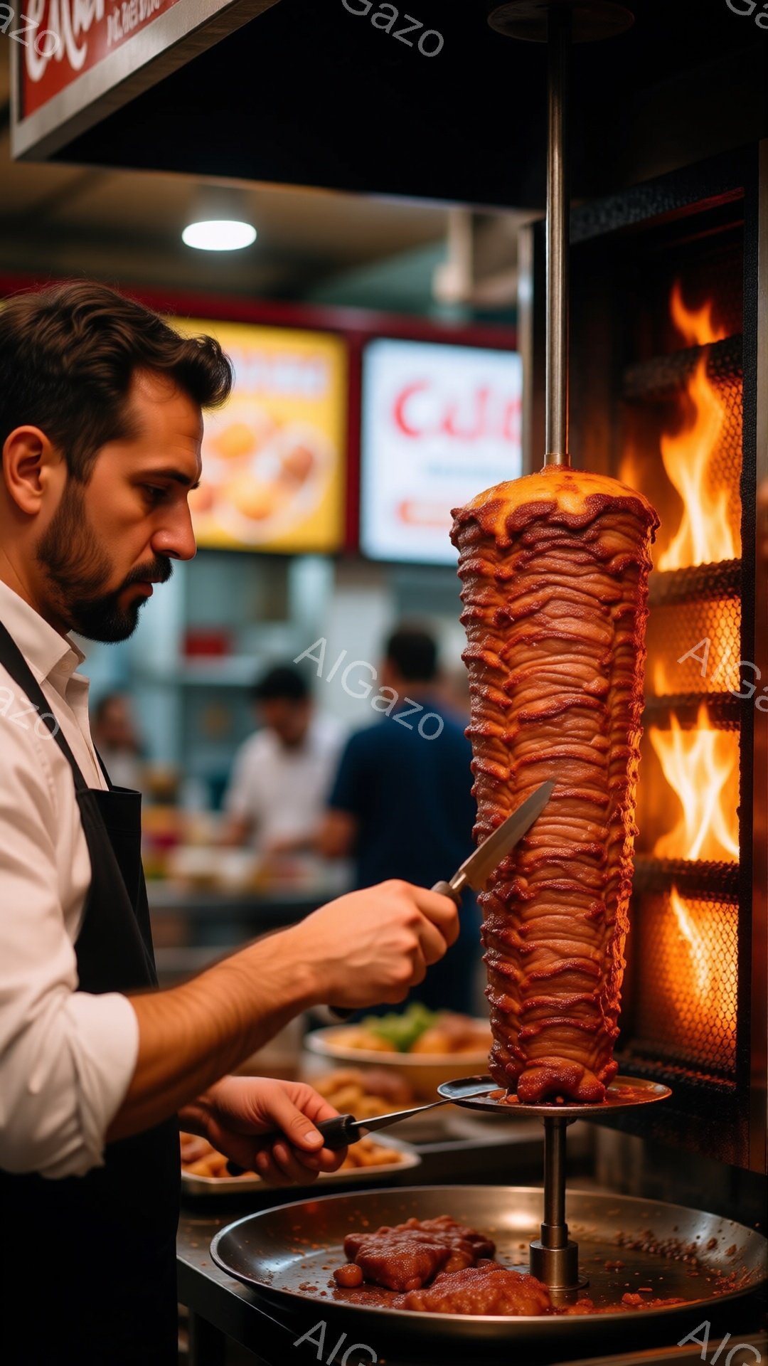 ケバブの肉を削る男性が写っています。彼は白いシャツに黒いエプロンを着ており、短く整えられた髪と顎ひげを生やしています。背景にはぼやけた他の人々やケバブ店の装飾が見え、全体的に暖かく活気のある雰囲気です。
