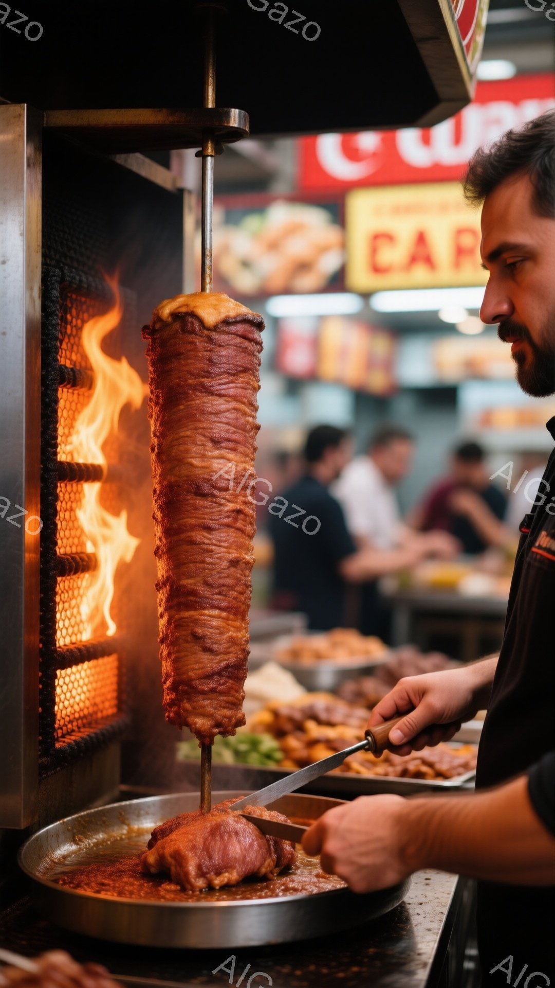 ケバブの肉が垂直の串に積み重ねられ、強烈な炎の前に置かれている。作業員は黒いエプロンを着て、肉を薄く切り分けるためにナイフを使っている。背景には、ぼやけた人々と店の看板が見え、活気のある市場の雰囲気が漂っている。