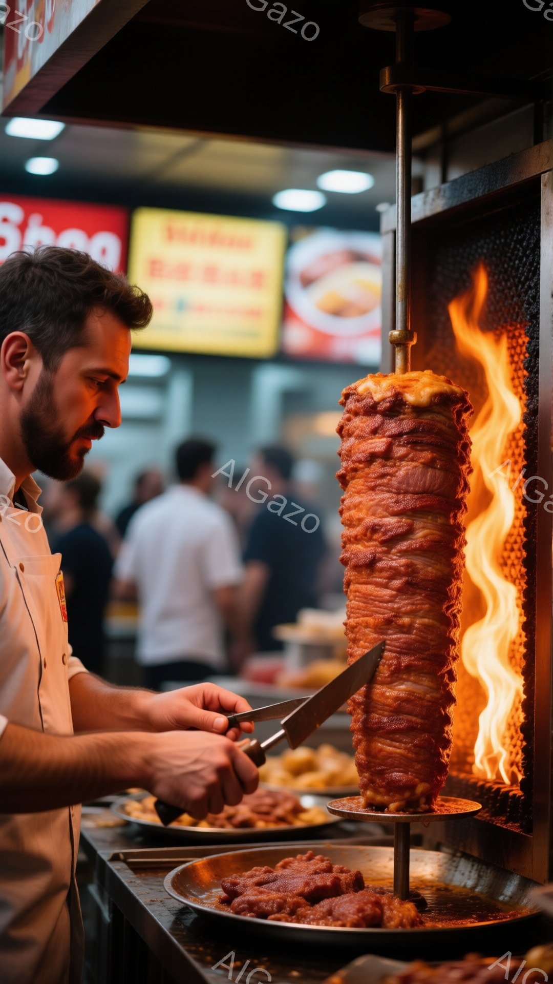 白い制服を着た男性が、ケバブの肉を削いでいます。彼は真剣な表情で、鋭いナイフを巧みに操り、削いだ肉を銀色の皿に盛り付けています。背景には他の人々がぼやけて見え、ケバブを焼く炎が熱気を帯びた雰囲気を醸し - AI生成フリー素材