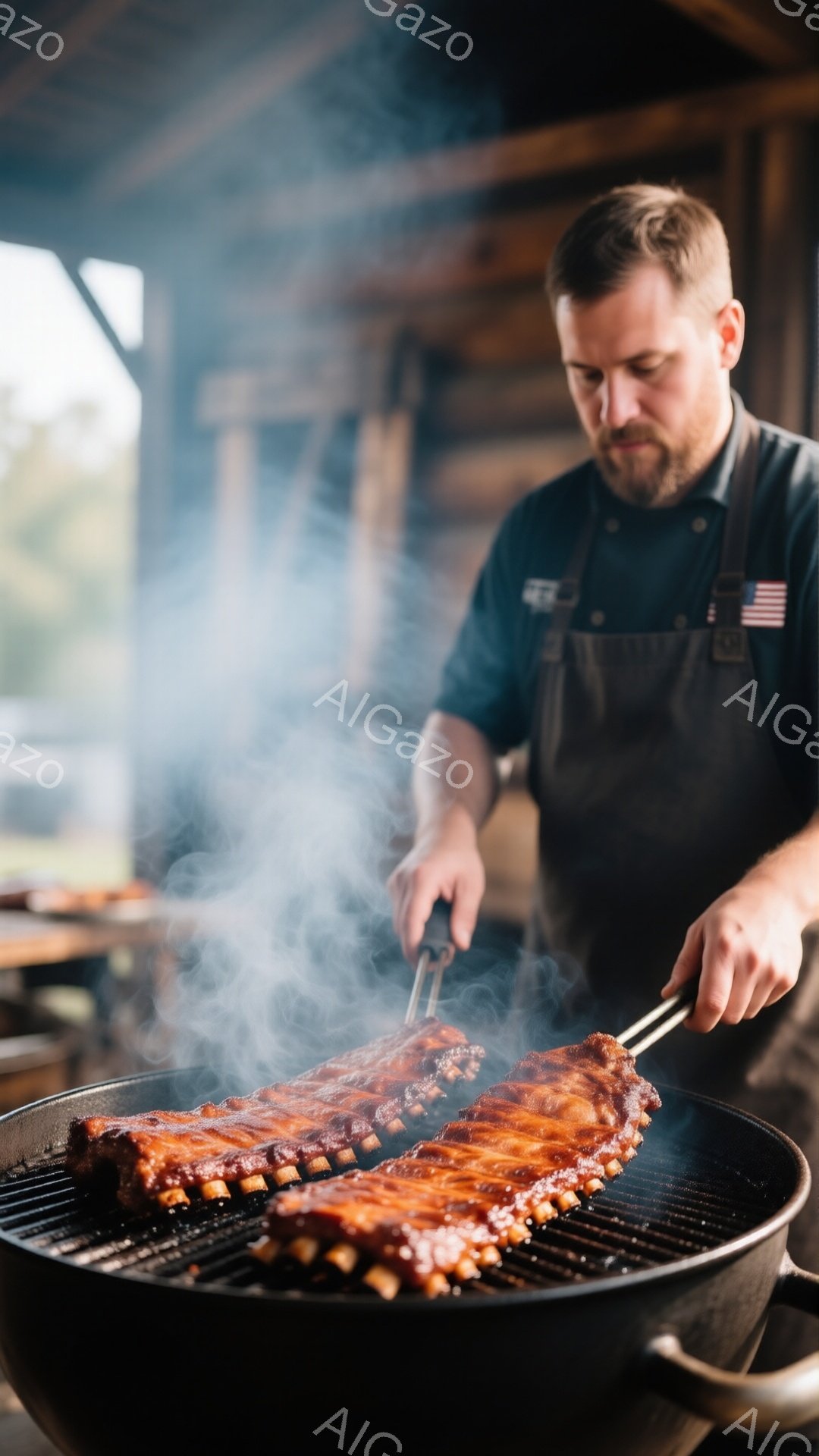 髭を生やした男性が、屋外のグリルで大きなスペアリブを調理している様子が写っている。彼は黒いエプロンを身につけ、真剣な表情でトングを使ってリブを調整している。背景には木製の建物が見え、煙が立ち込める中で - AI生成フリー素材