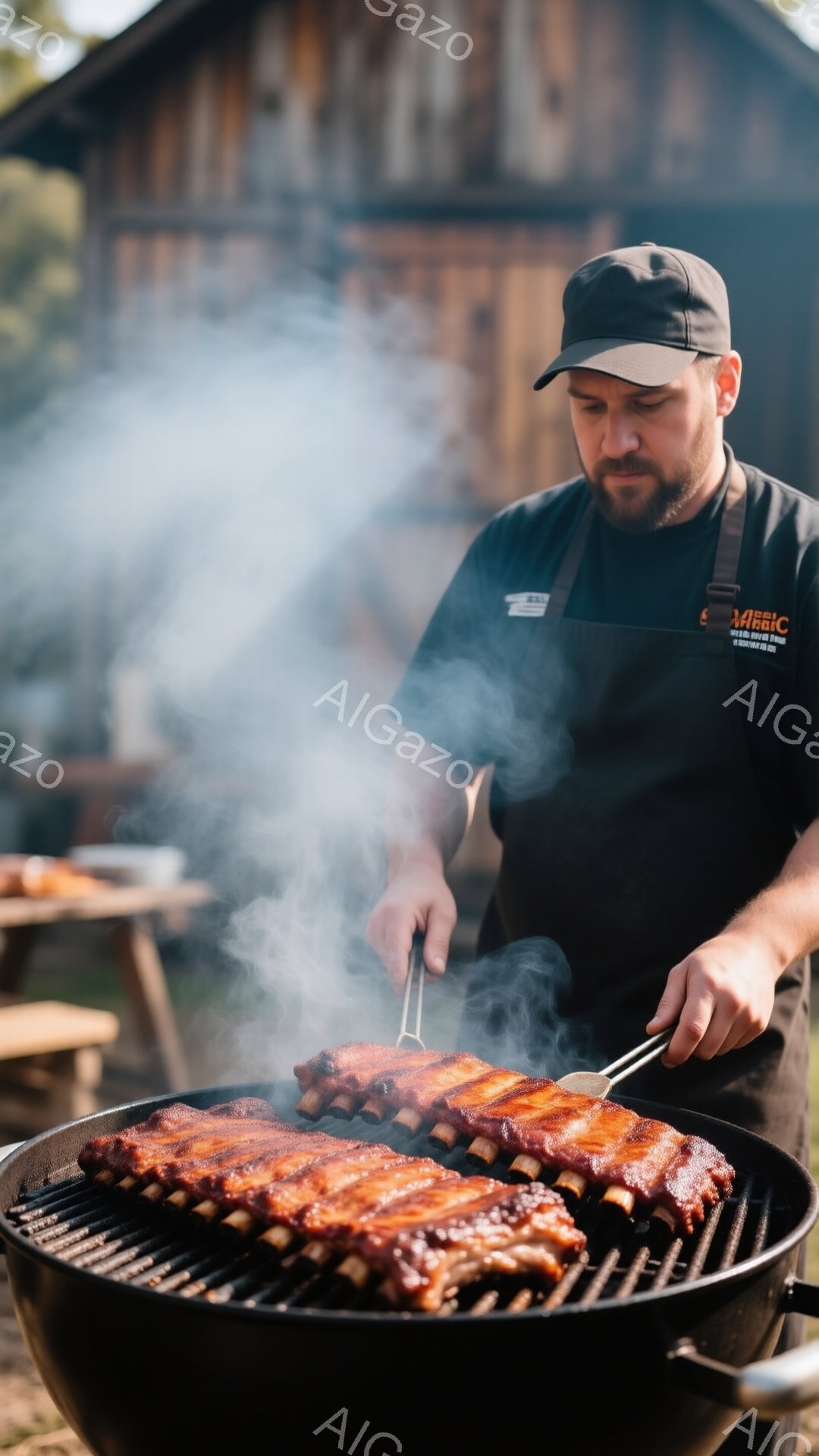 黒いエプロンとキャップを着用した男性が、炭火で調理中のスペアリブに集中して取り組んでいます。彼はわずかに前かがみになり、トングを使って肉を調整している様子から、プロフェッショナルな料理人であることが伺 - AI生成フリー素材