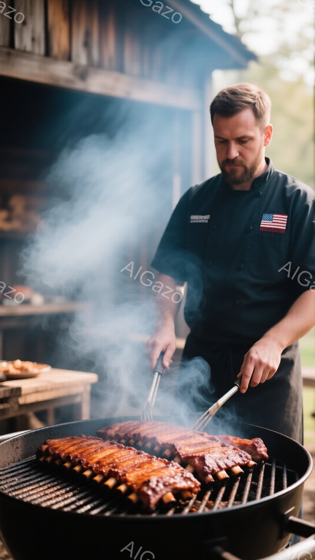 黒いエプロンを着た男性が、煙が立ち込めるバーベキューグリルで豚のスペアリブを調理している。彼は短髪で髭を生やし、真剣な表情でトングとブラシを使って肉にソースを塗っている。背景には木製のテーブルと建物が - AI生成フリー素材