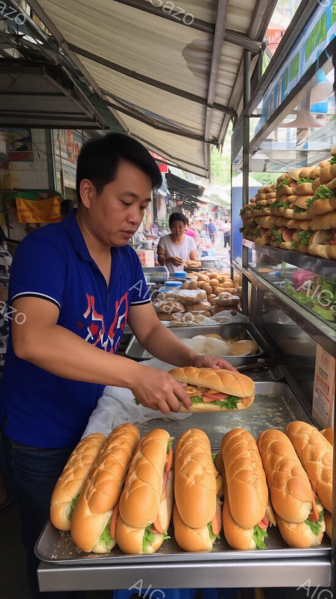 ベトナム風サンドイッチ（バインミー）を作る男性が写っている。青いポロシャツを着ており、真剣な表情でパンに具材を挟んでいる。背景にはサンドイッチが並んだ棚や、他の客がぼんやりと見え、活気のある屋台の雰囲気が伝わってくる。