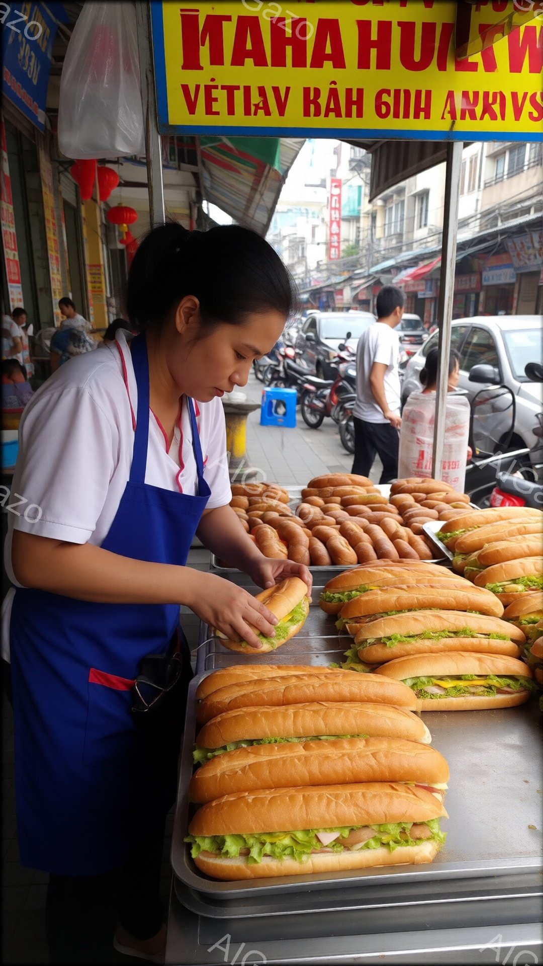 女性がバインミーを作っている様子が写っています。彼女はエプロンと白いブラウスを着ており、真剣な表情でサンドイッチに具材を挟んでいます。背景には建物やバイクが並び、活気のある屋台の様子が伺えます。 - AI生成フリー素材