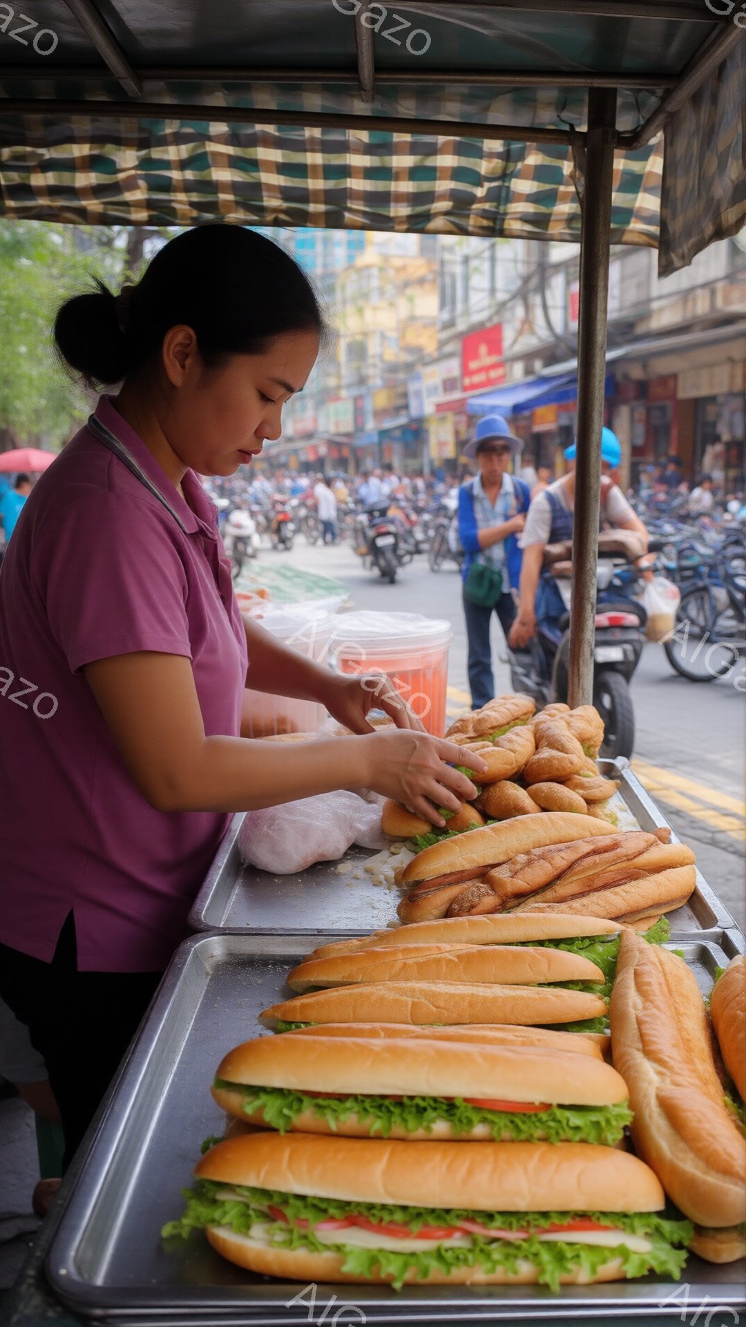 ベトナムの屋台で、女性がバインミーを作っている様子が写っている。ピンク色のポロシャツを着て髪を後ろで束ね、真剣な表情でパンに具材を乗せている。背景にはバイクや歩行者が多く、賑やかな街の様子が伺え、屋台の上のバインミーは彩り豊かで食欲をそそる。