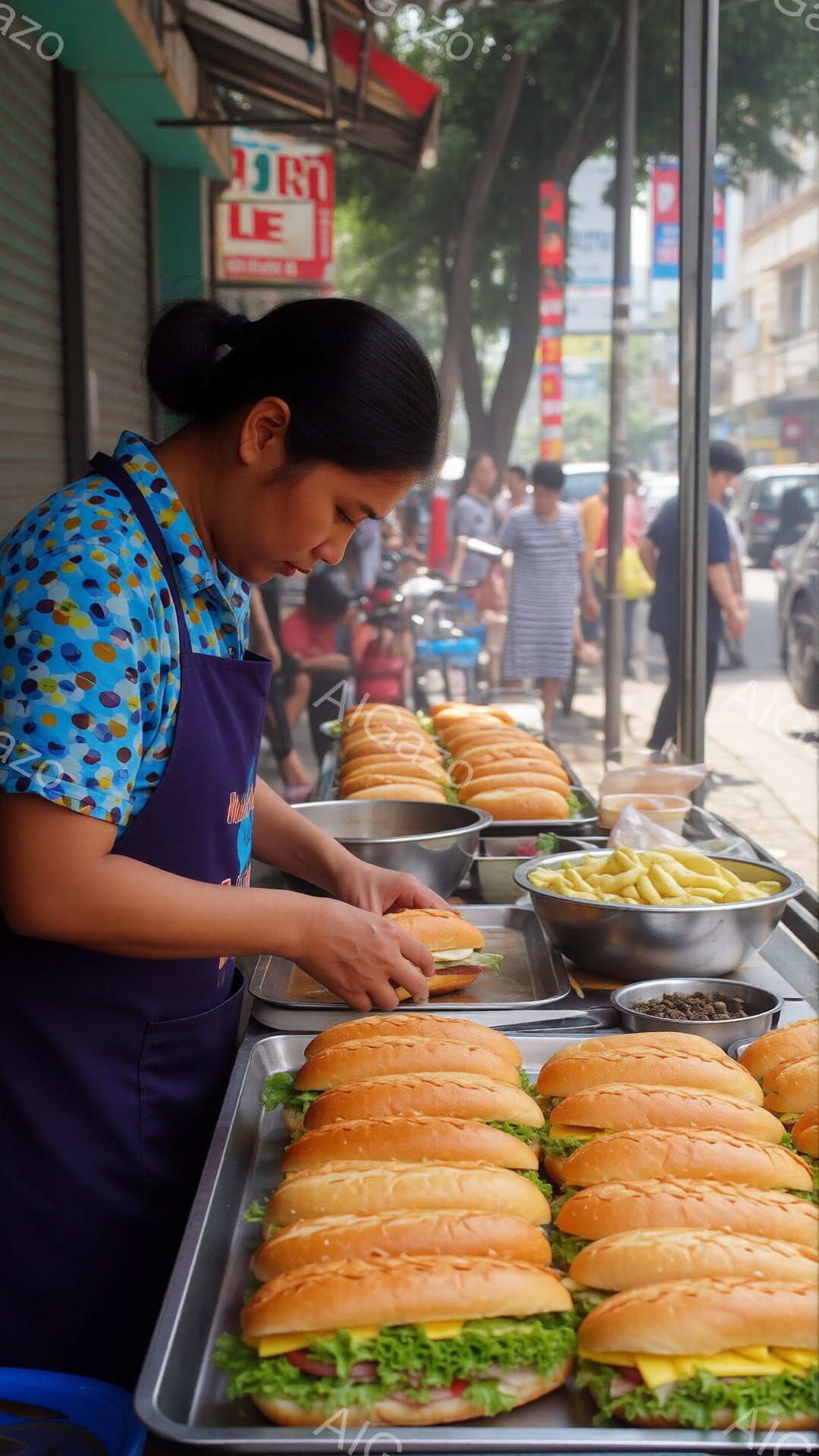 ベトナム風サンドイッチ（バインミー）を作る女性が写っている。彼女は青い水玉模様のエプロンを着ており、黒髪を後ろでまとめている。背景には通りと建物が見え、天候は晴れで、賑やかな屋台の雰囲気が漂っている。