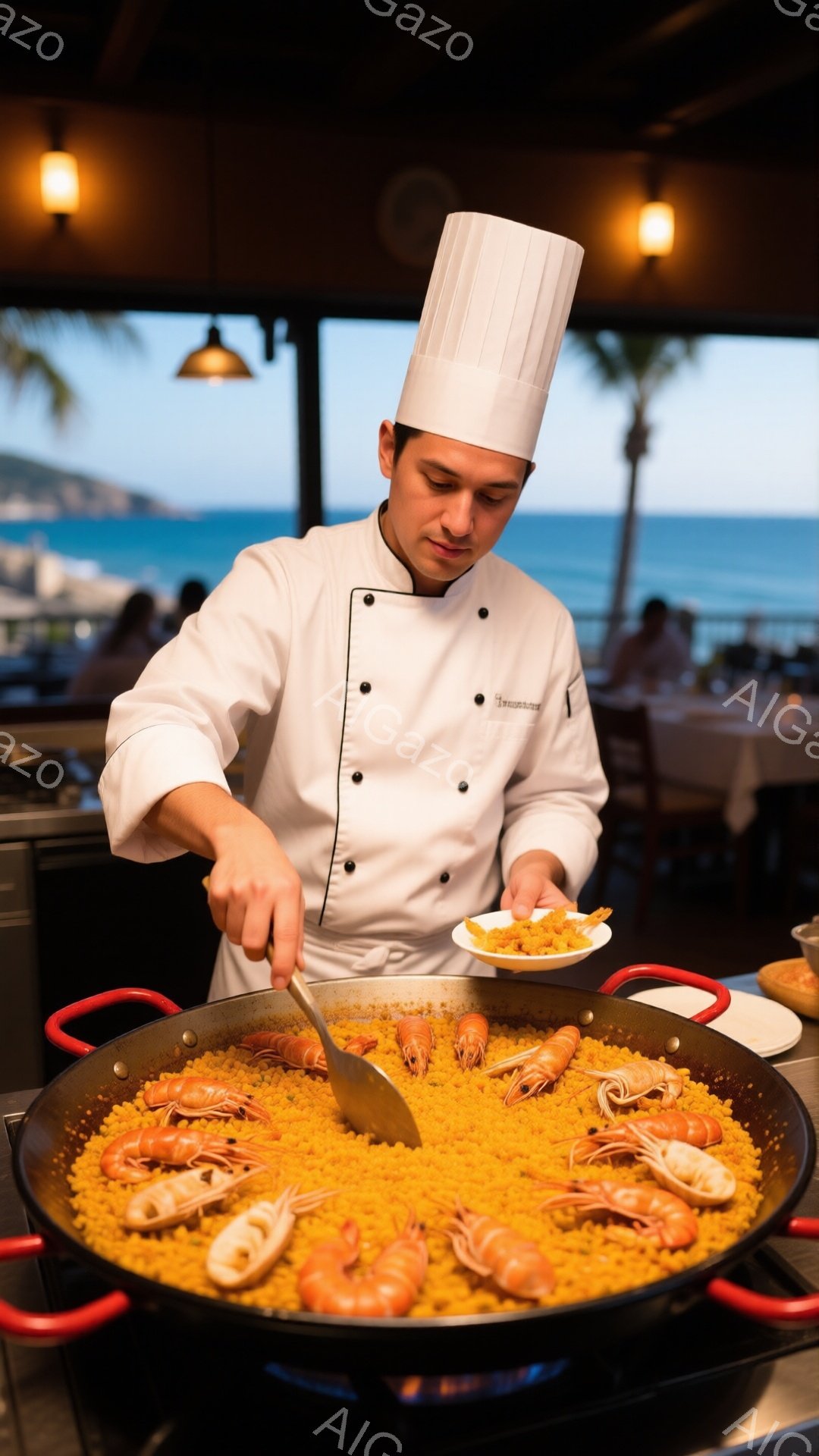 白いコックコートとコックハットを着用した男性が、巨大なパエリア鍋の横で盛り付けを行っています。彼は真剣な表情で、スプーンを使ってパエリアを皿に盛り付けています。背景には海と建物が見え、明るい日差しが差し込み、活気のあるレストランの雰囲気です。