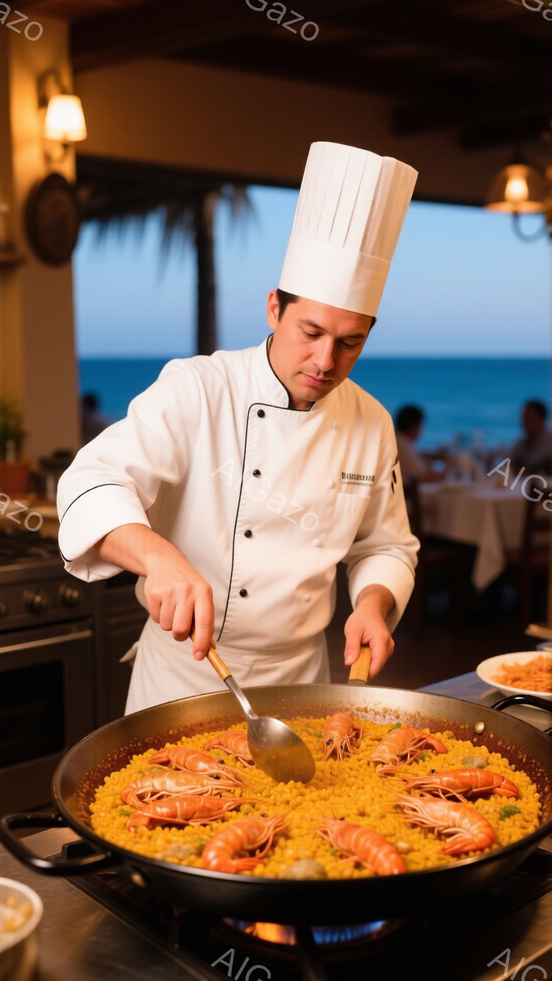 白いコックコートと帽子を身に着けた男性が、大きなフライパンでパエリアを作っています。彼は真剣な表情でフライパンをかき混ぜており、調理に集中している様子が伝わってきます。背景には、夕暮れ時の海と、レスト - AI生成フリー素材