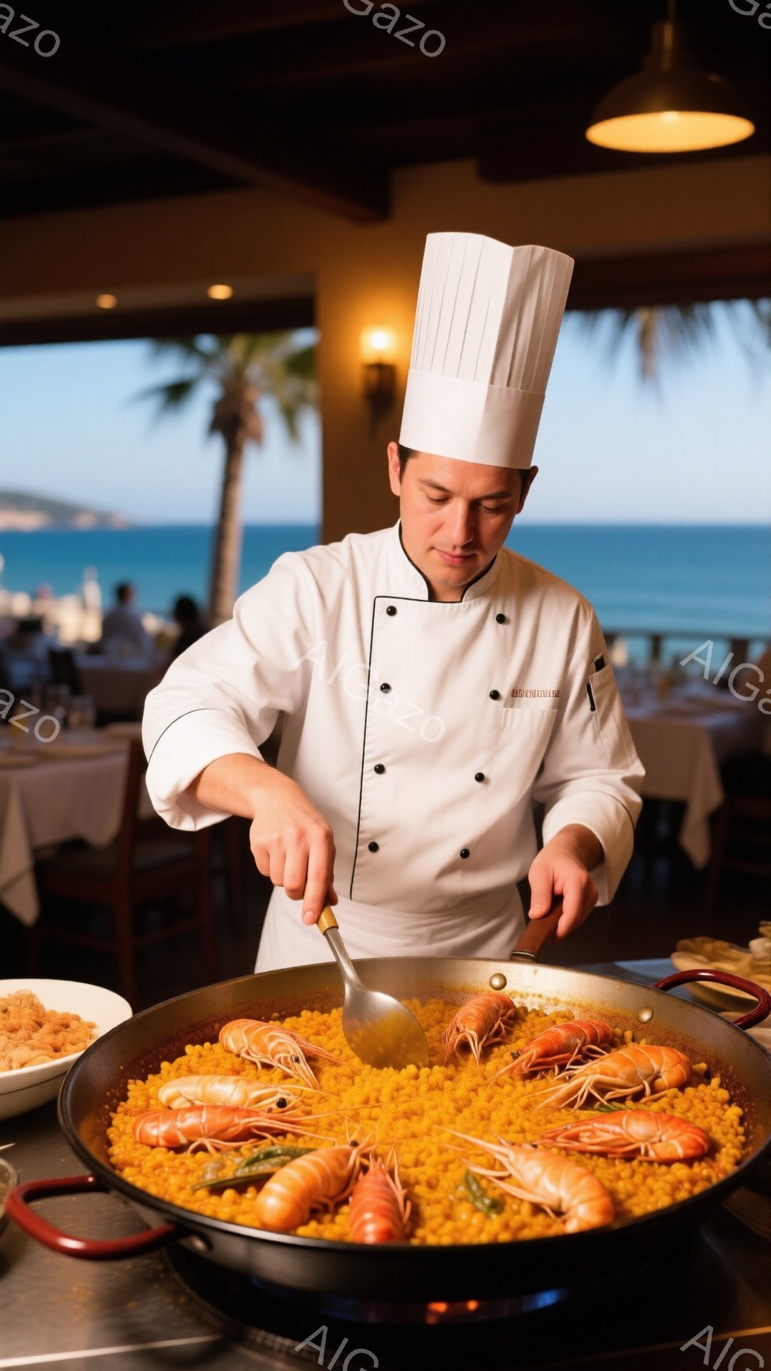 白いコック帽とコックコートを着た男性が、大きなフライパンの中のパエリアを調理している様子が写っている。彼は真剣な表情で、スパチュラを使ってパエリアを混ぜている。背景には、海と夕焼けが見え、レストランの - AI生成フリー素材