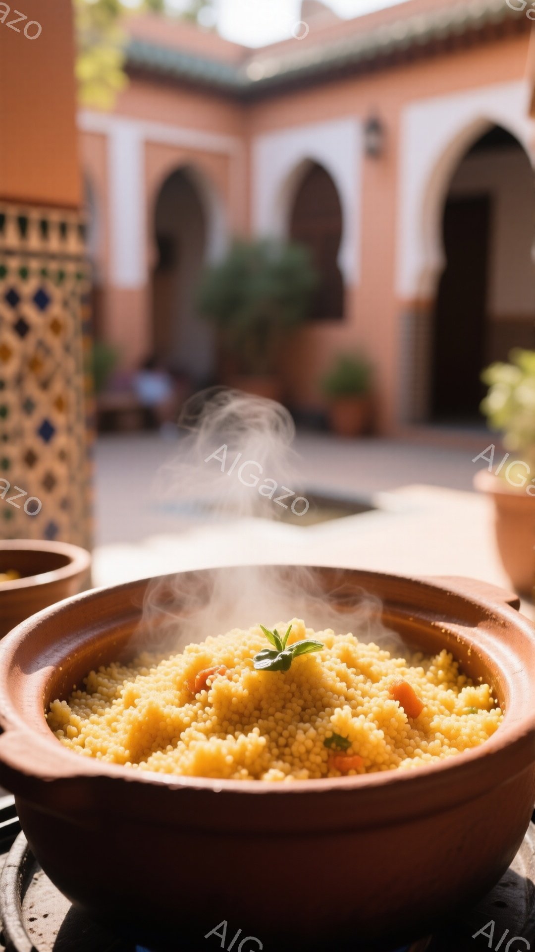 湯気が立ち上るクスクスが、テラコッタ色の鍋に盛られています。背景には、モロッコ様式のアーチや、植物が植えられた庭園が見え、晴れた日の穏やかな雰囲気が漂っています。鮮やかなオレンジ色と緑色のハーブが、料理に彩りを添えています。