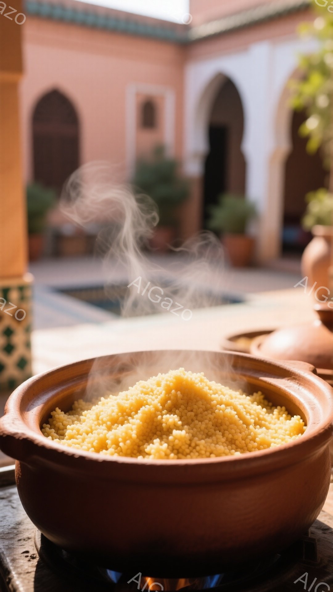 陶製の大きな鍋の中に、蒸気を上げながらクスクスがたっぷり盛られています。背景には、アーチ状の入り口が連なるモロッコ様式の建物の内部が見え、日差しが差し込み、暖かな雰囲気が漂っています。全体として、伝統的な料理と美しい建築が調和した、穏やかで魅力的な情景が描かれています。