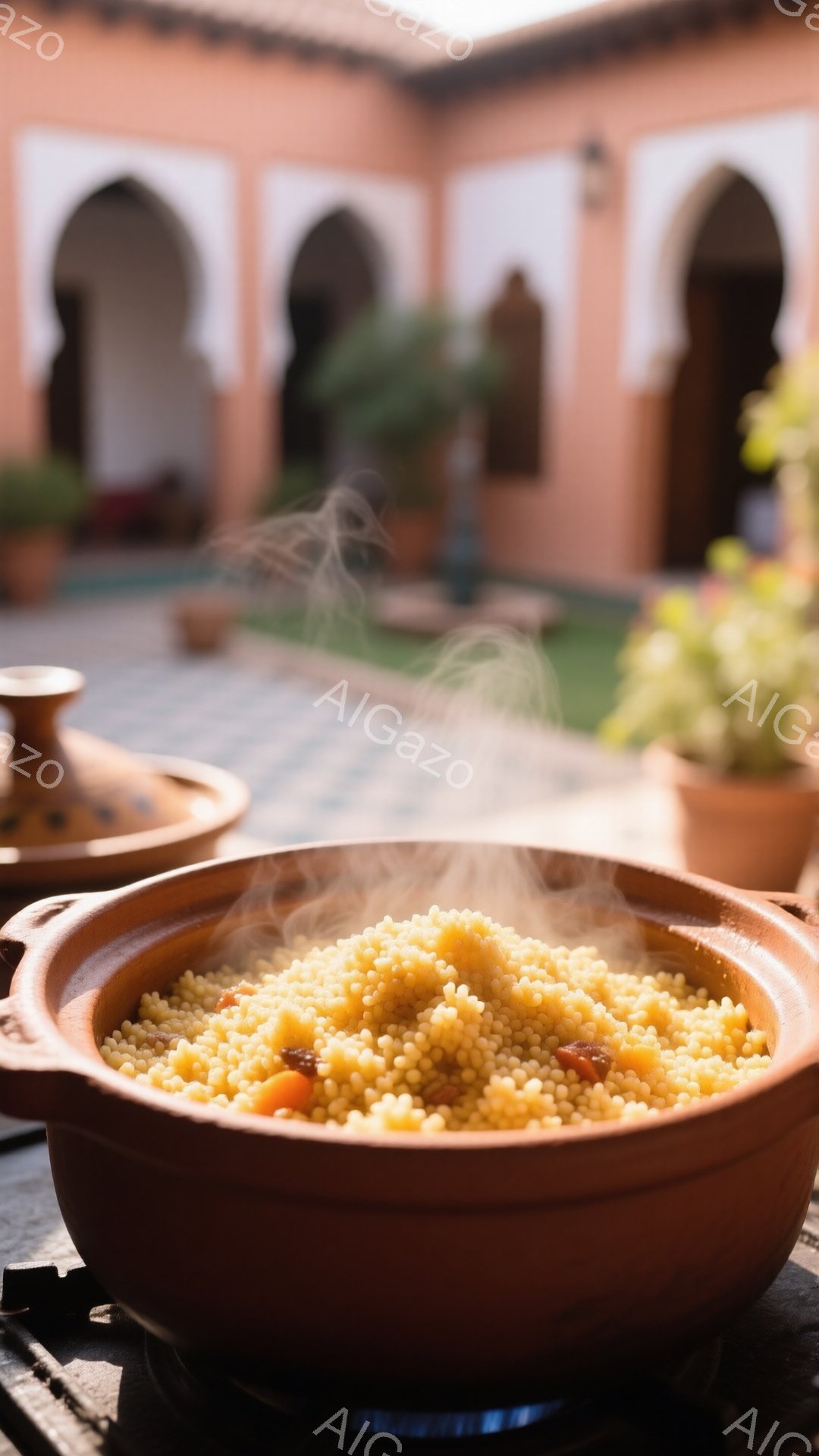 蒸し暑い日差しが照りつける中、陶製の鍋の中にクスクスが湯気を立てて盛られています。背景には、アーチ型の窓が連なる土色の建物が見え、緑の植物が庭を彩っています。全体的に暖かく、地中海のような穏やかな雰囲 - AI生成フリー素材
