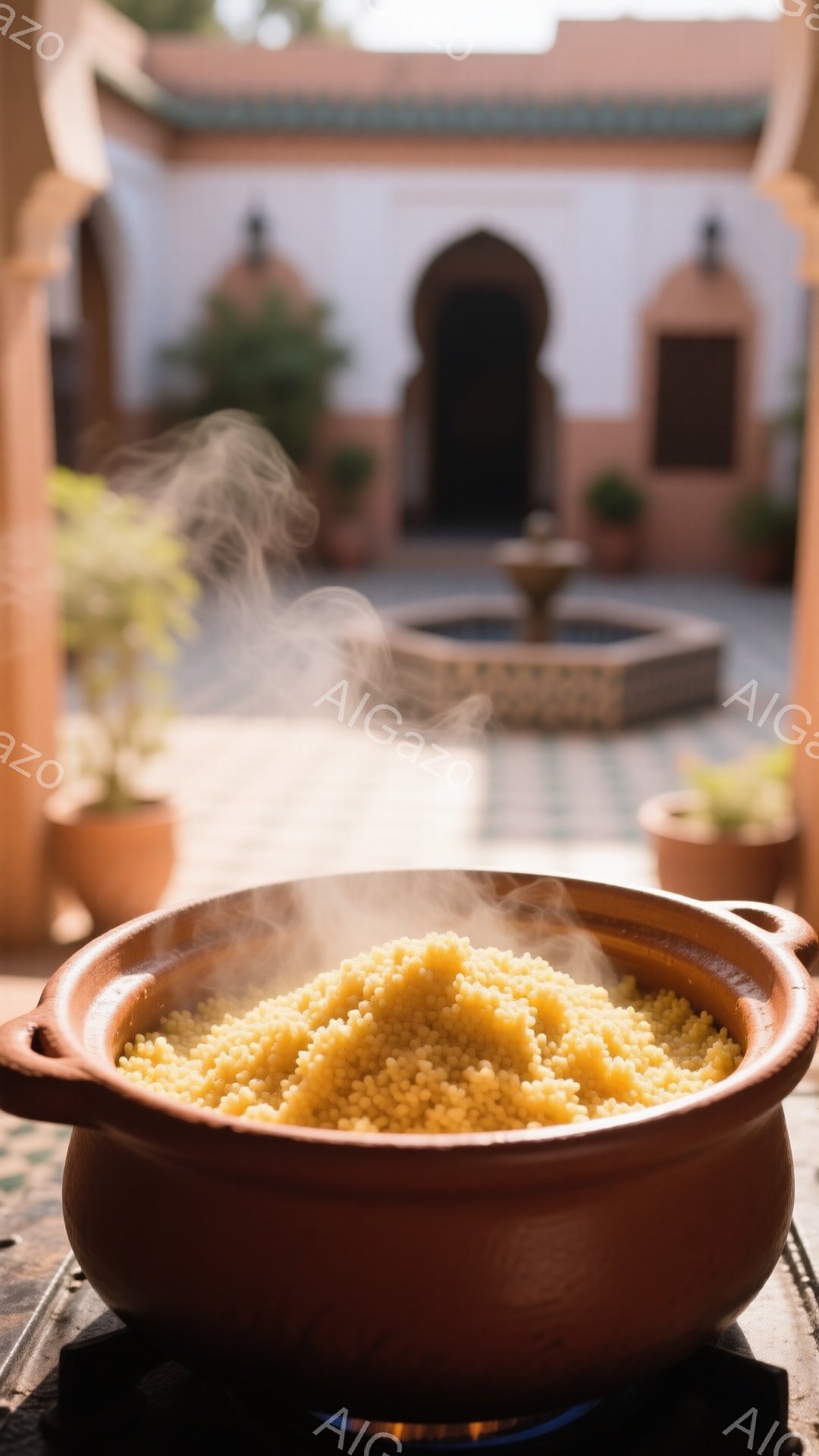 陶製の鍋の中に、湯気が立ち上る小さなパスタ状の食材が盛られています。背景には、モロッコ様式の美しい中庭があり、噴水や植物が配された石畳の道が広がっています。暖色系の色調と柔らかな光が、穏やかで家庭的な雰囲気を醸し出しています。