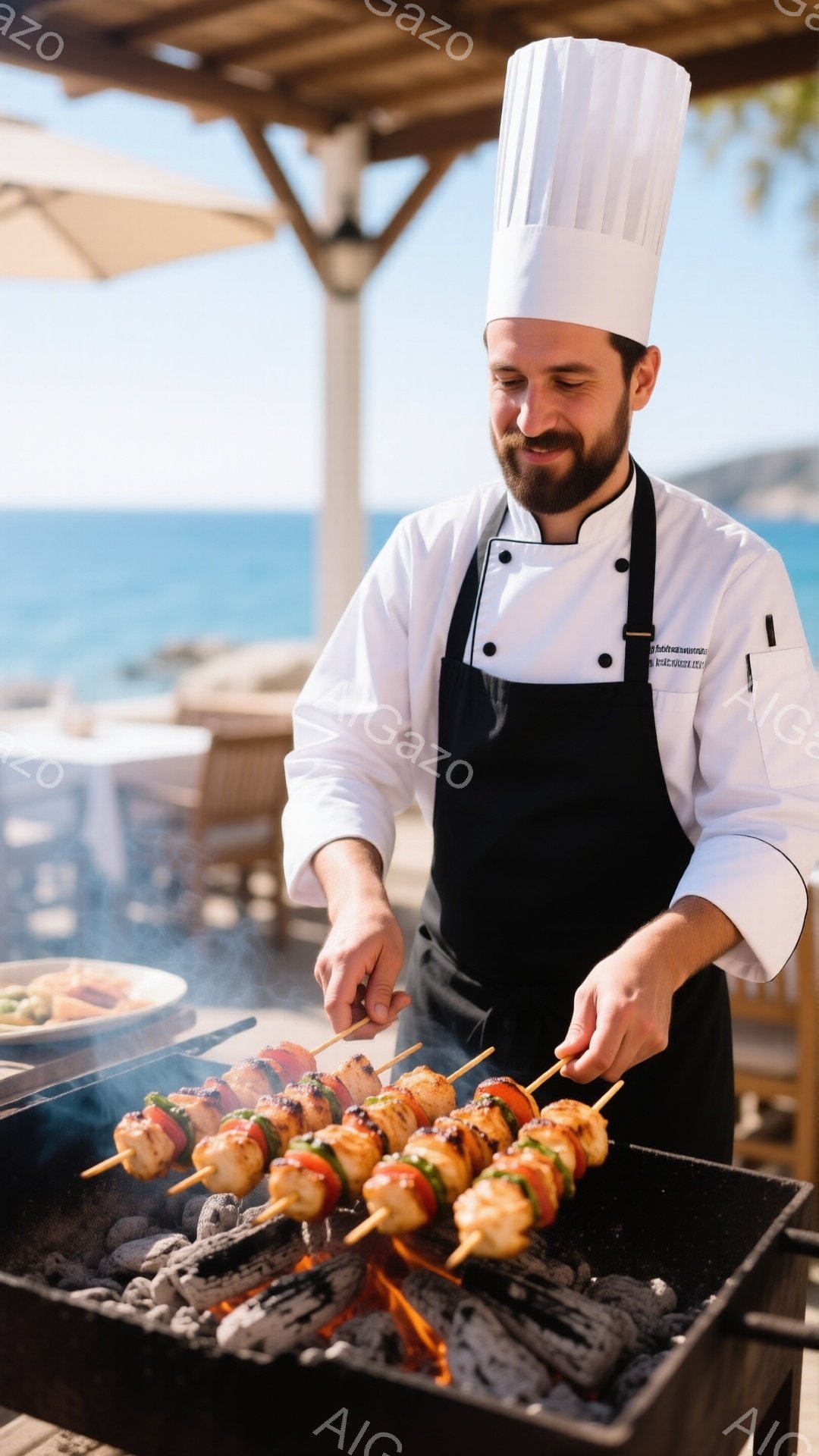 白いコックコートと帽子を着用した男性が、炭火焼きの串料理を作っています。彼は顎ひげを生やしており、穏やかな笑顔で串を見つめています。背景には青い海と建物が見え、晴れた日の屋外で料理を楽しんでいる様子が伺えます。