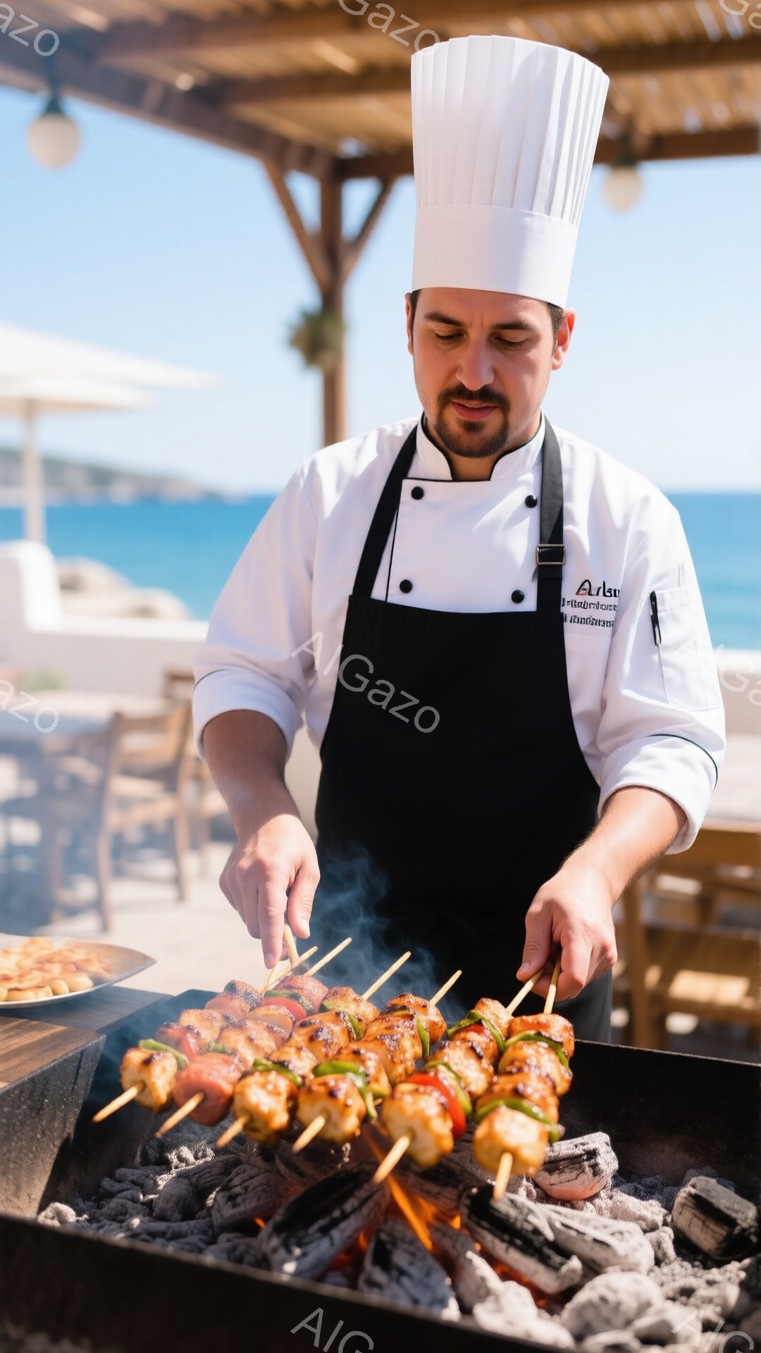 白いコック帽と黒いエプロンを身に着けた男性が、炭火焼きの串肉を調理している様子が写っている。彼は真剣な表情で串肉を見つめ、調理に集中している。背景には青い海と白い建物が見え、晴れた空の下、リゾート地での料理の様子が伝わる。