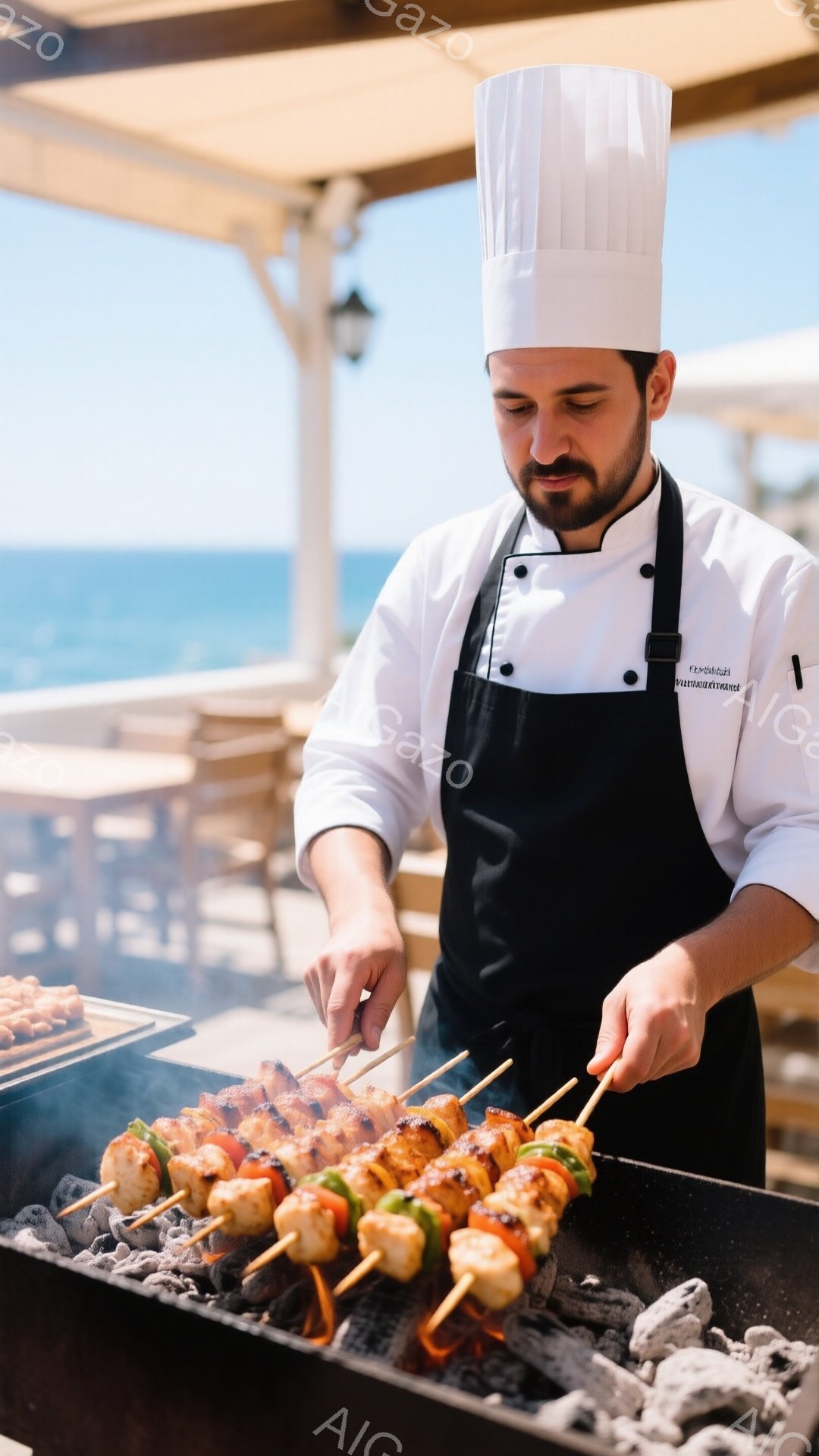 白いコックハットと黒いエプロンをつけた男性が、炭火で肉と野菜の串焼きを焼いている。彼は真剣な表情で串に焦げ目を付けようとしており、その姿勢はプロフェッショナルだ。背景には青い海と白い建物が見え、晴れた日の屋外でのバーベキューの様子を表している。