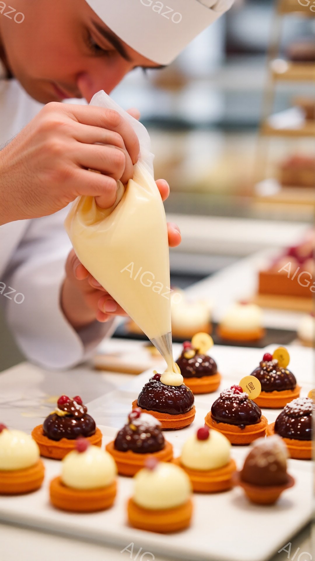 白いコックコートを着た人が、絞り袋を使って茶色のケーキに黄色いクリームをデコレーションしている様子が写っている。ケーキはすべて小さな台座の上に並べられており、背景には他のケーキやショーケースが見える。全体的に明るく清潔な雰囲気で、プロのパティシエが丁寧に作業をしている様子が伝わる。
