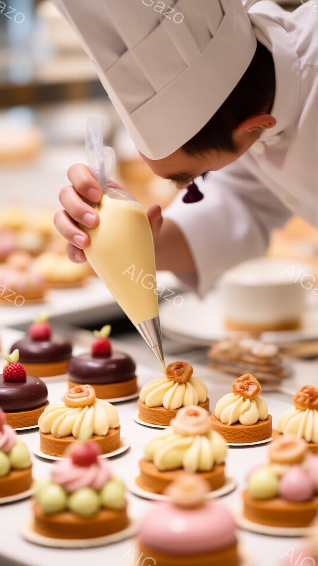 白いコックコートと帽子を着用した人物が、絞り袋を使ってタルトにクリームをデコレーションしています。タルトはチョコレートやピンク、緑などの様々な色で彩られ、見た目も華やかです。背景には他のタルトが並び、明るく清潔な作業スペースでプロフェッショナルな雰囲気を感じさせます。